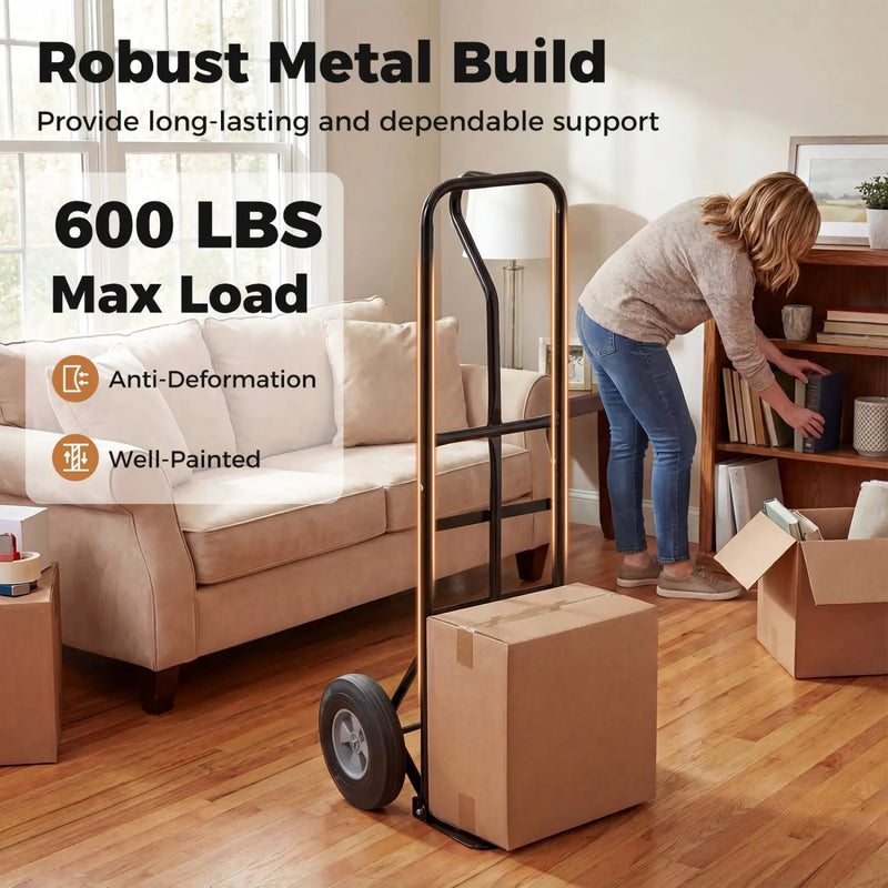 Metal Hand Truck Heavy-Duty 600 LBS Moving Dolly Cart with P-Handle and 10inch Rubber Wheels by DirectDeals