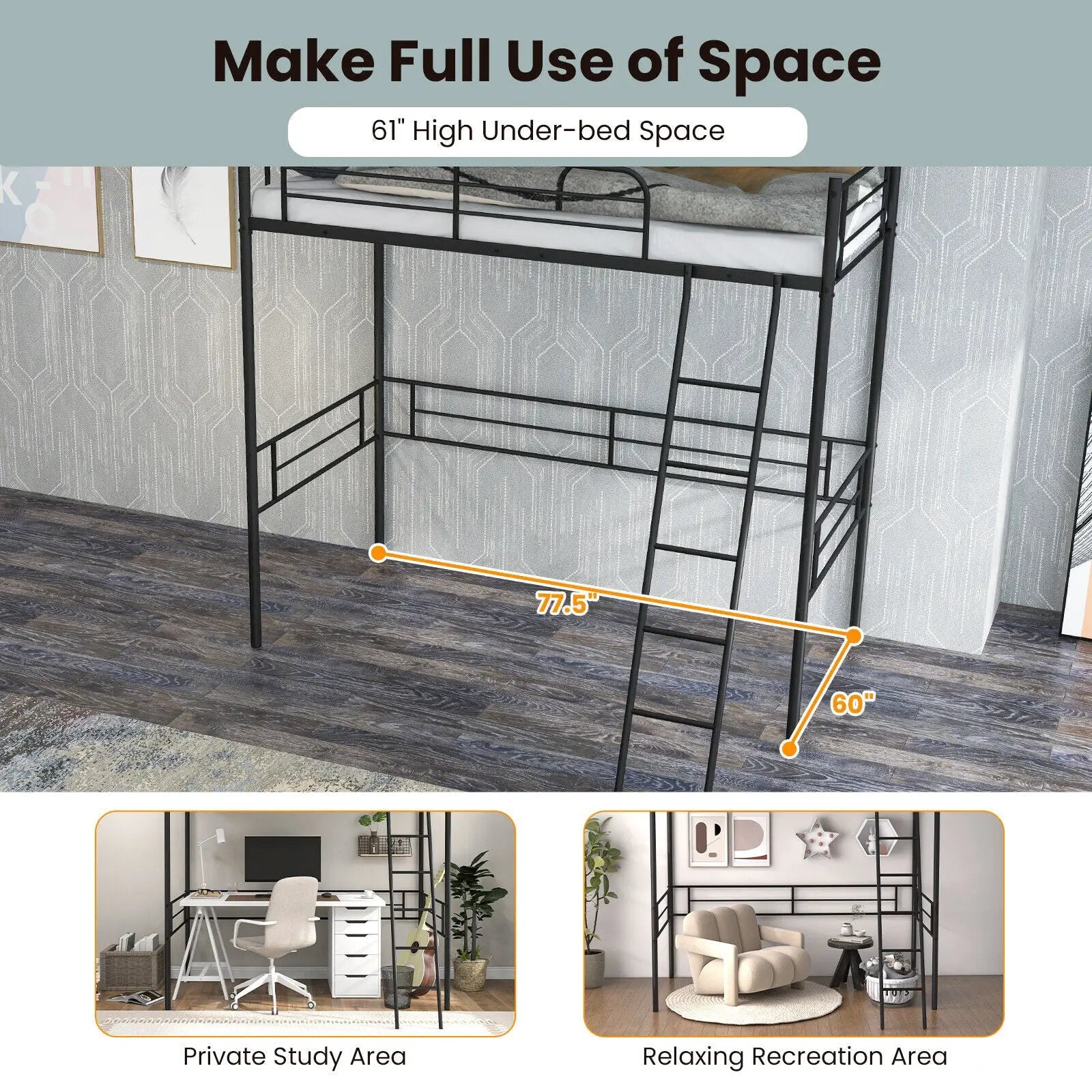 Metal Loft Twin Bed Frame Single High Loft Bed-Black by DirectDeals