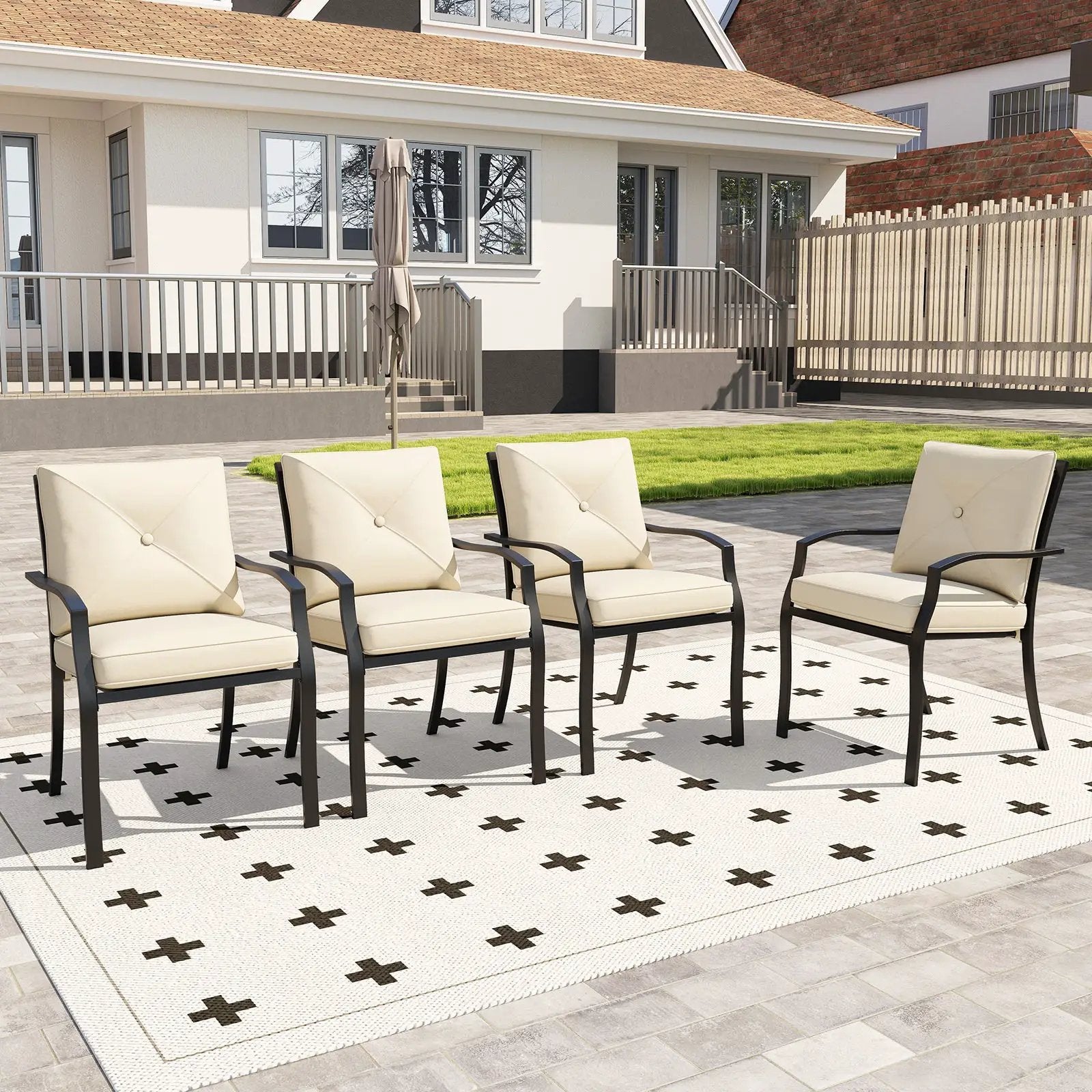 Metal Outdoor Dining Chair Set of 2 Stackable Patio Chairs with Armrests-Beige by DirectDeals