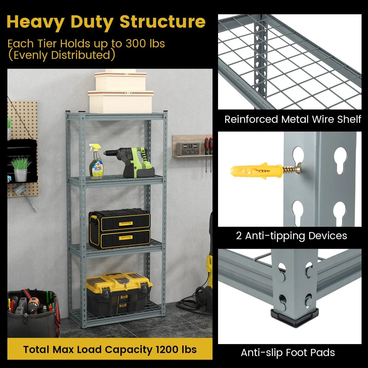4-Tier Metal Shelving Unit with Anti-slip Foot Pad and Anti-tipping Device, photo 13 of 14