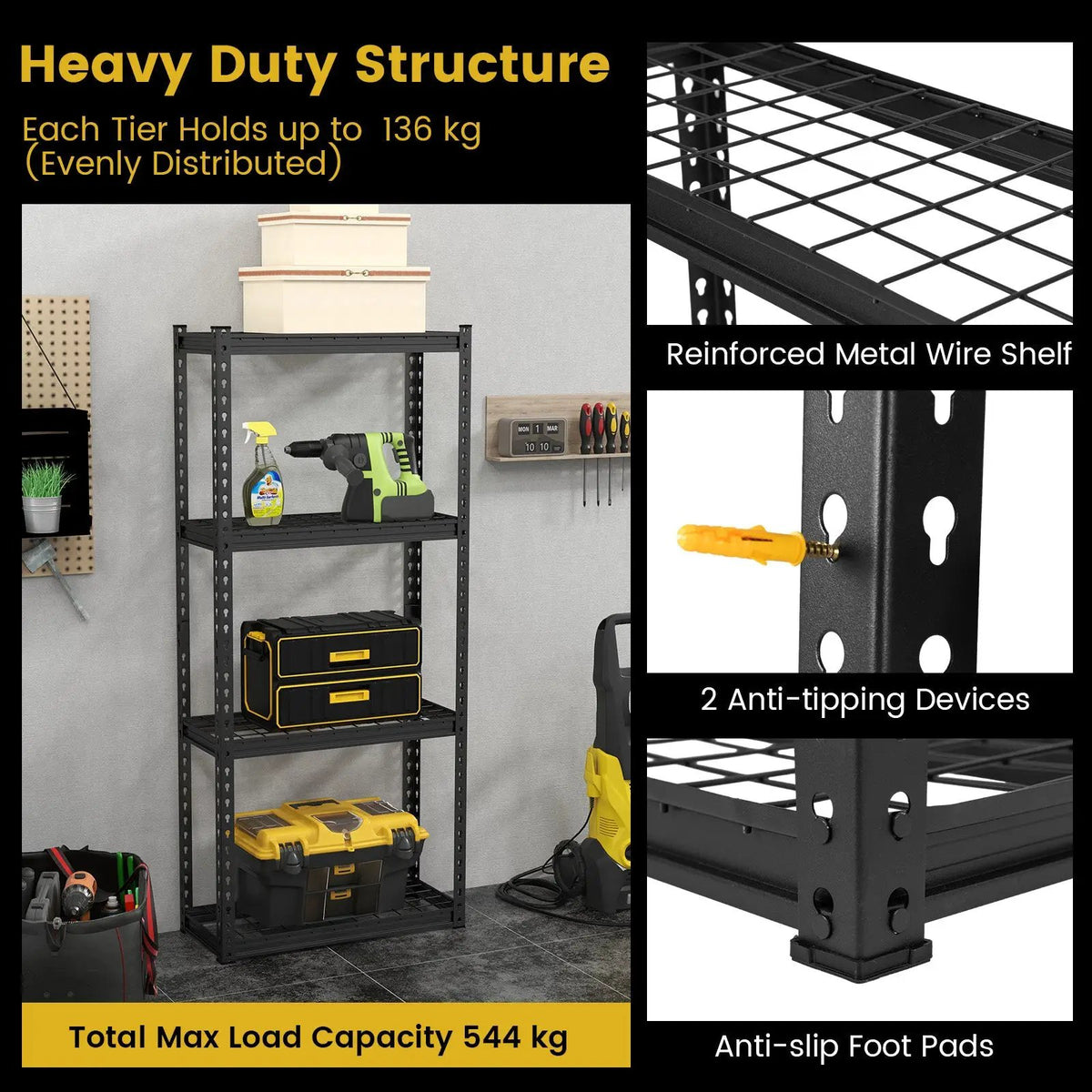 4-Tier Metal Shelving Unit with Anti-slip Foot Pad and Anti-tipping Device, photo 14 of 14