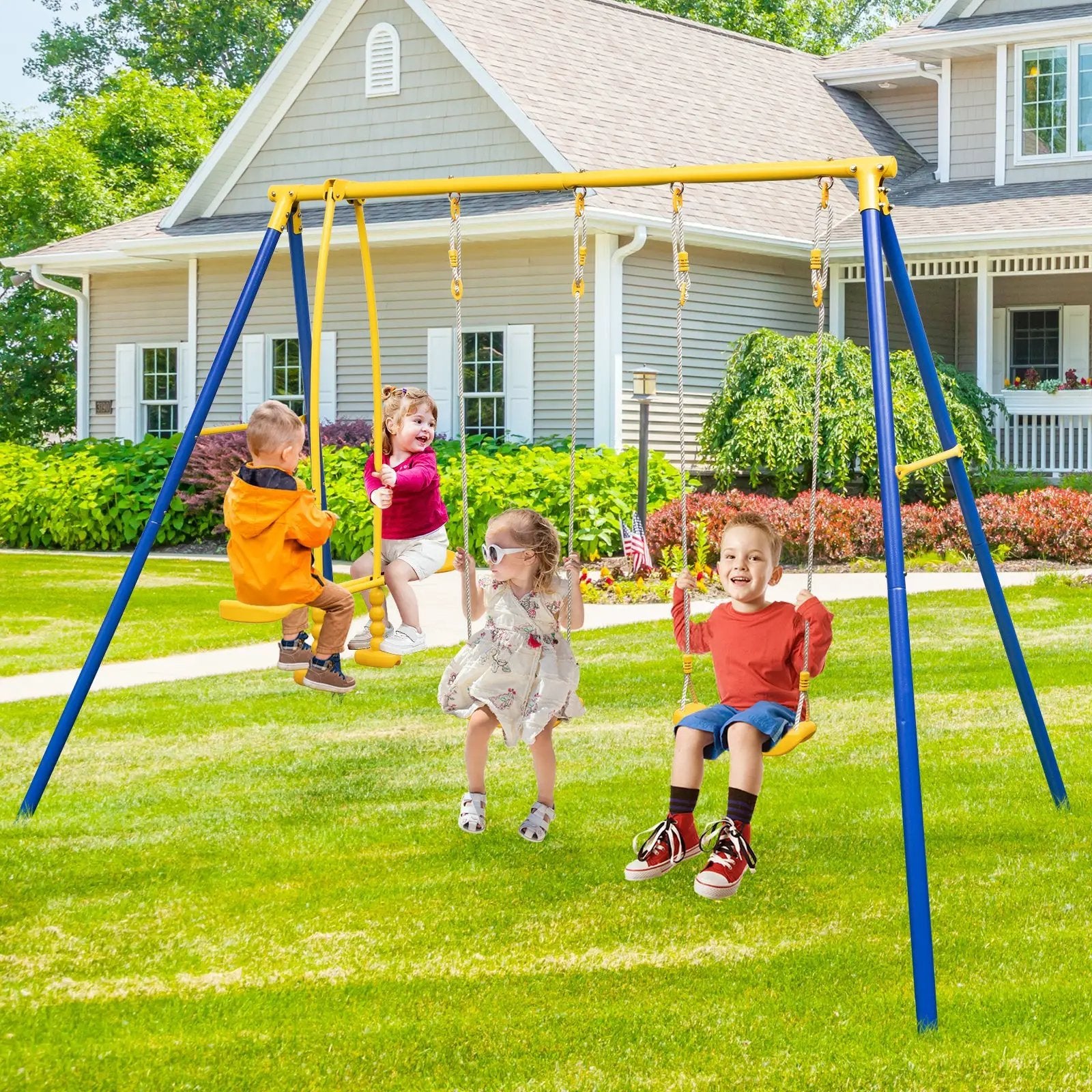 Metal Swing Set for Backyard with 2 Swing Seats and 2 Glider Seats-Blue by DirectDeals