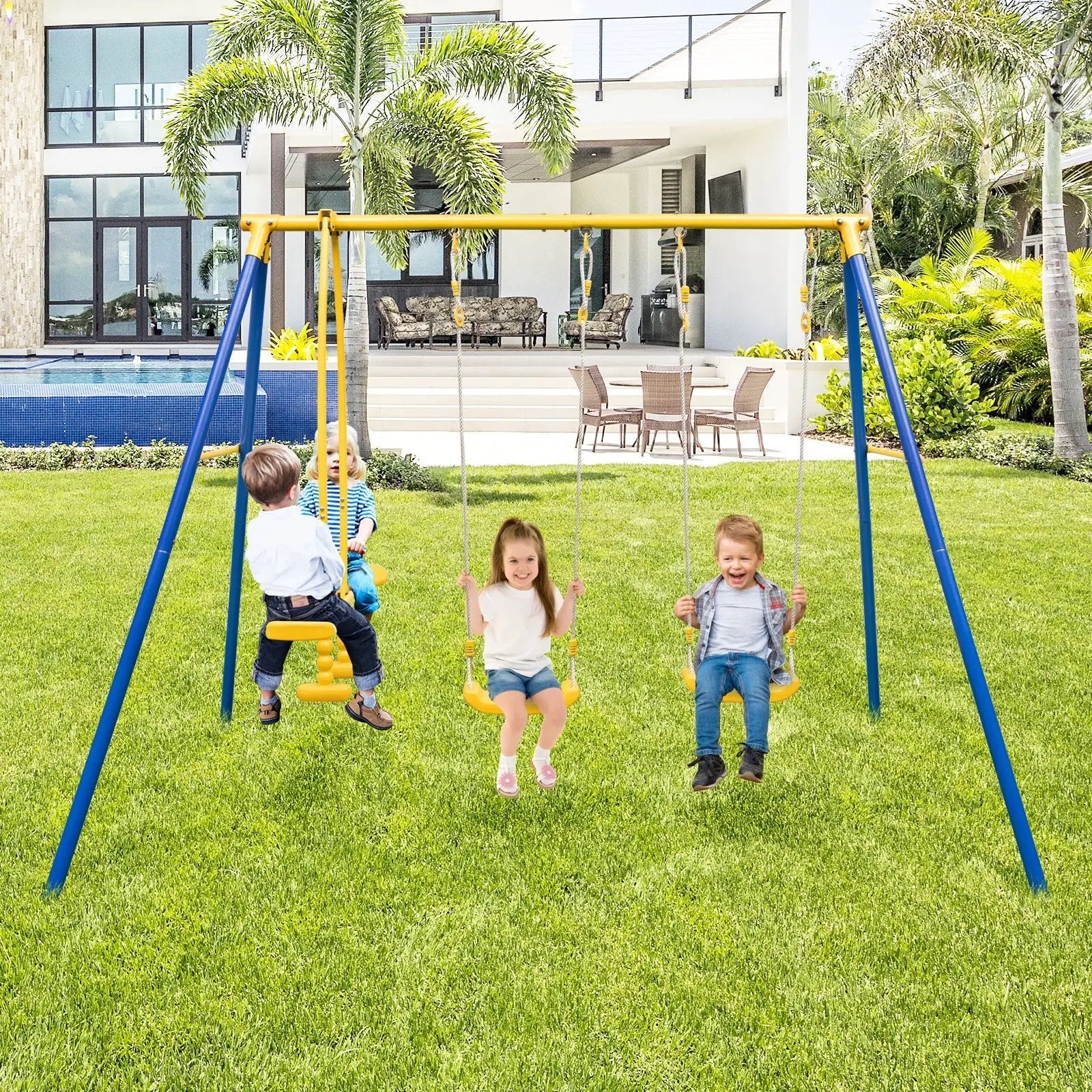 Metal Swing Set for Backyard with 2 Swing Seats and 2 Glider Seats-Blue by DirectDeals