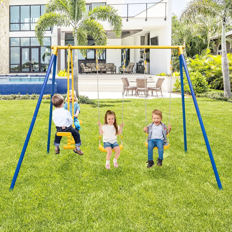 Metal Swing Set for Backyard with 2 Swing Seats and 2 Glider Seats-Blue by DirectDeals