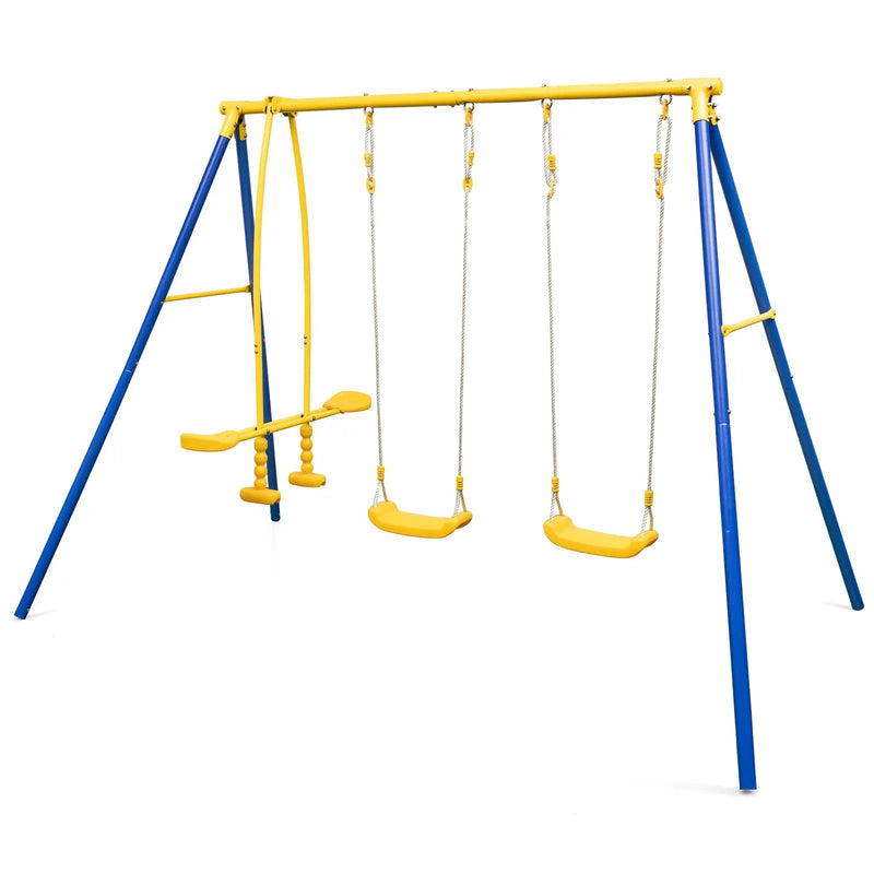 Metal Swing Set for Backyard with 2 Swing Seats and 2 Glider Seats-Blue by DirectDeals