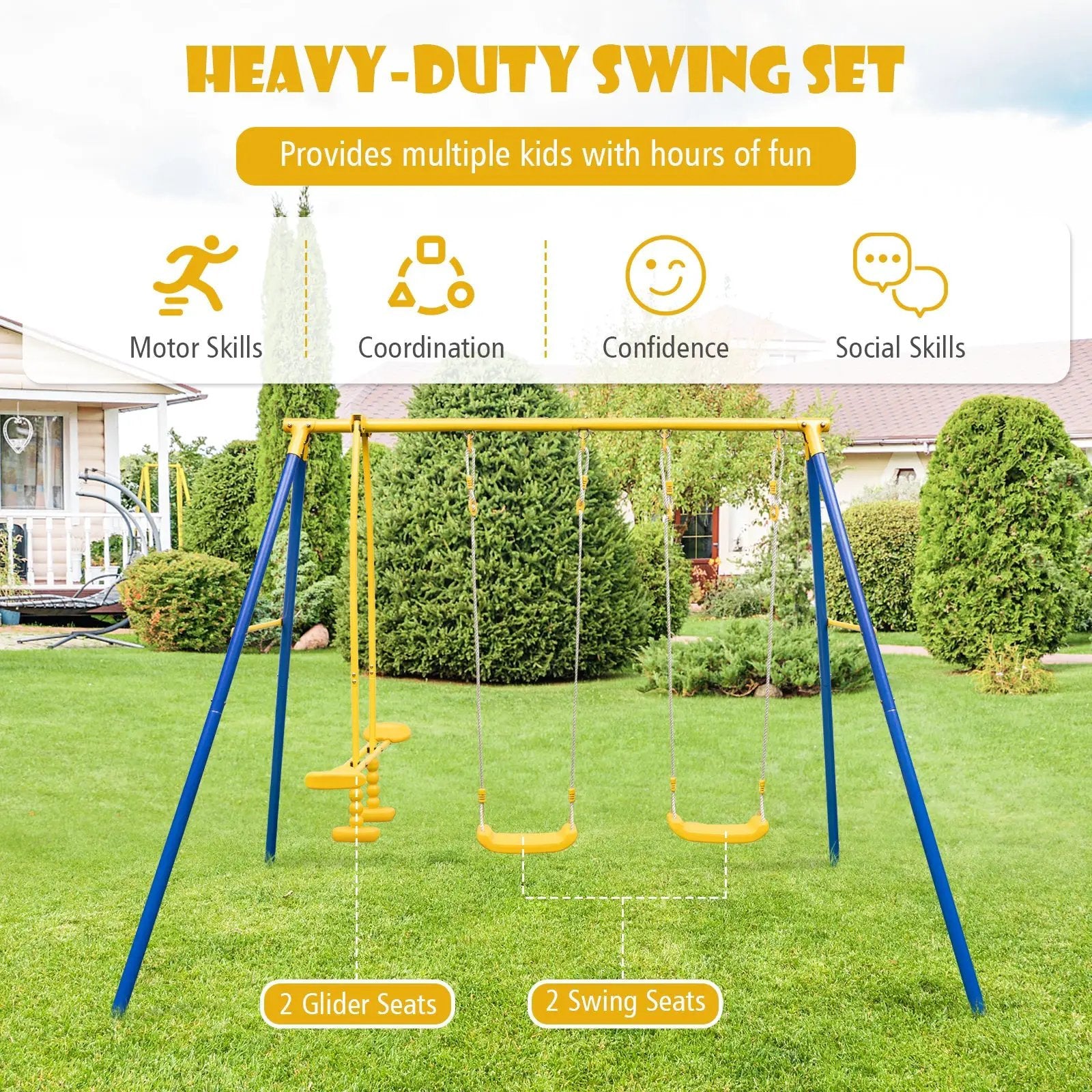 Metal Swing Set for Backyard with 2 Swing Seats and 2 Glider Seats-Blue by DirectDeals