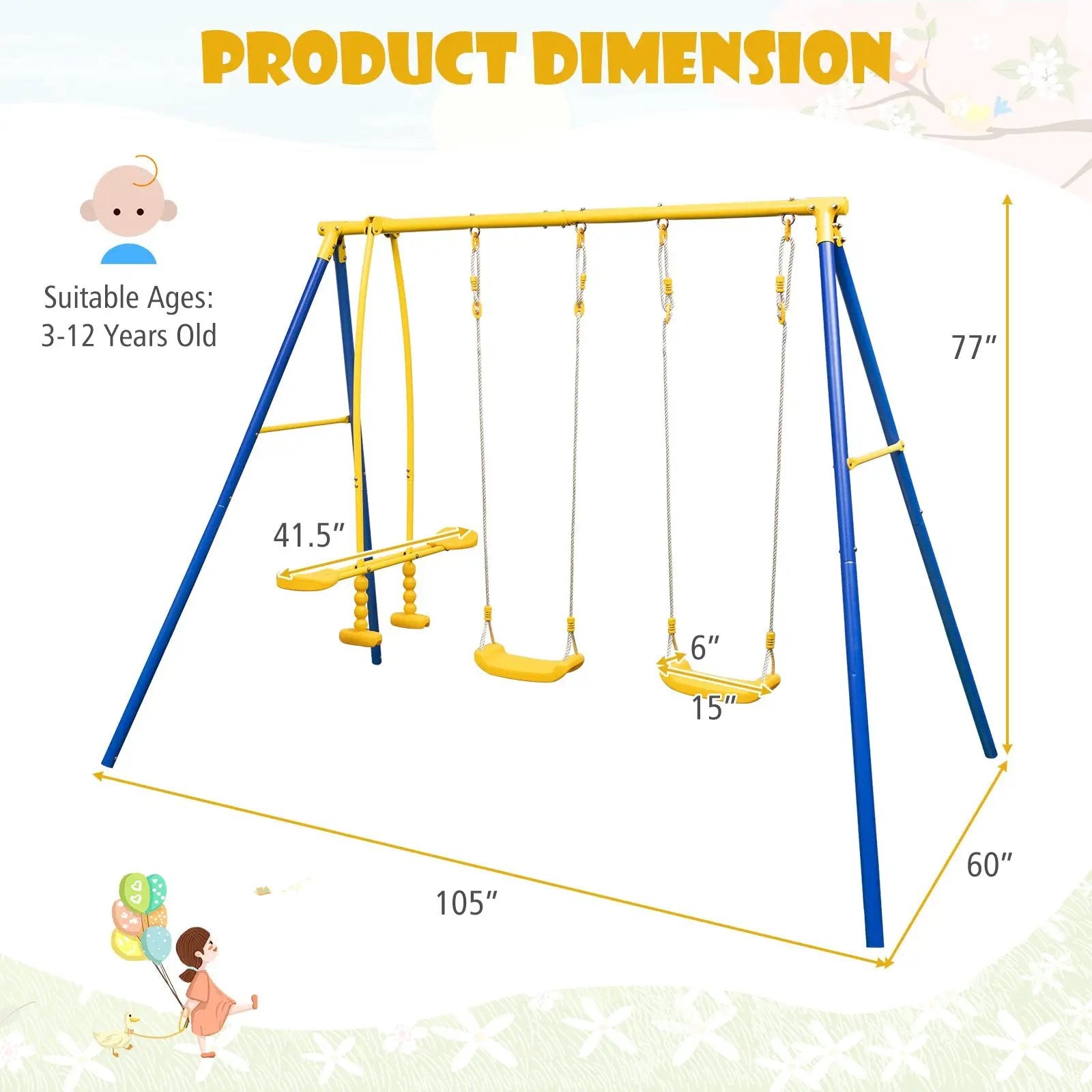 Metal Swing Set for Backyard with 2 Swing Seats and 2 Glider Seats-Blue by DirectDeals