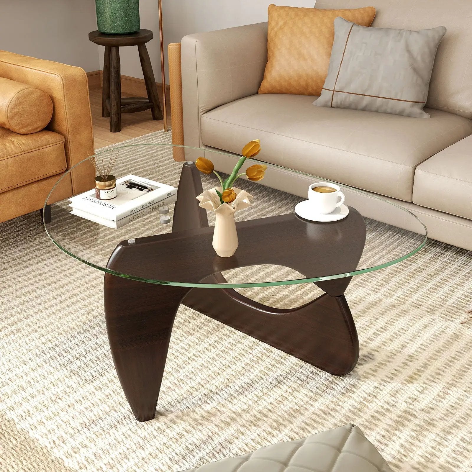 Triangle Coffee Table with Tempered Glass Top and Adjustable Rubber Wood Base by DirectDeals