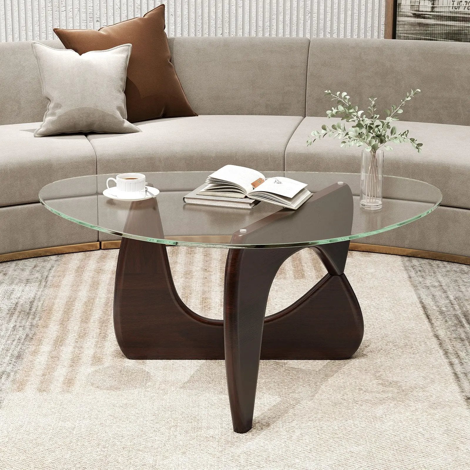 Triangle Coffee Table with Tempered Glass Top and Adjustable Rubber Wood Base by DirectDeals
