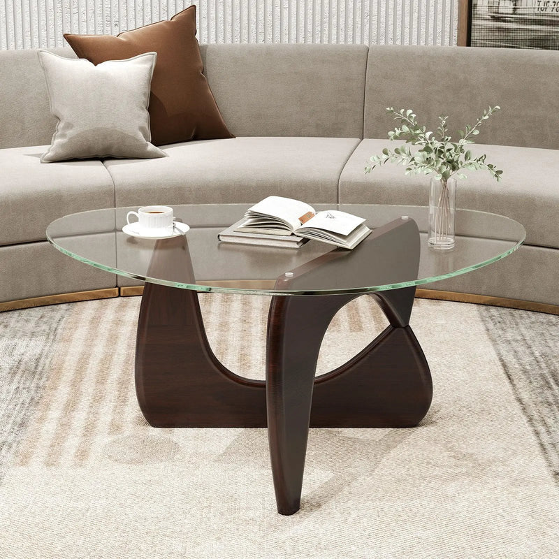 Triangle Coffee Table with Tempered Glass Top and Adjustable Rubber Wood Base by DirectDeals