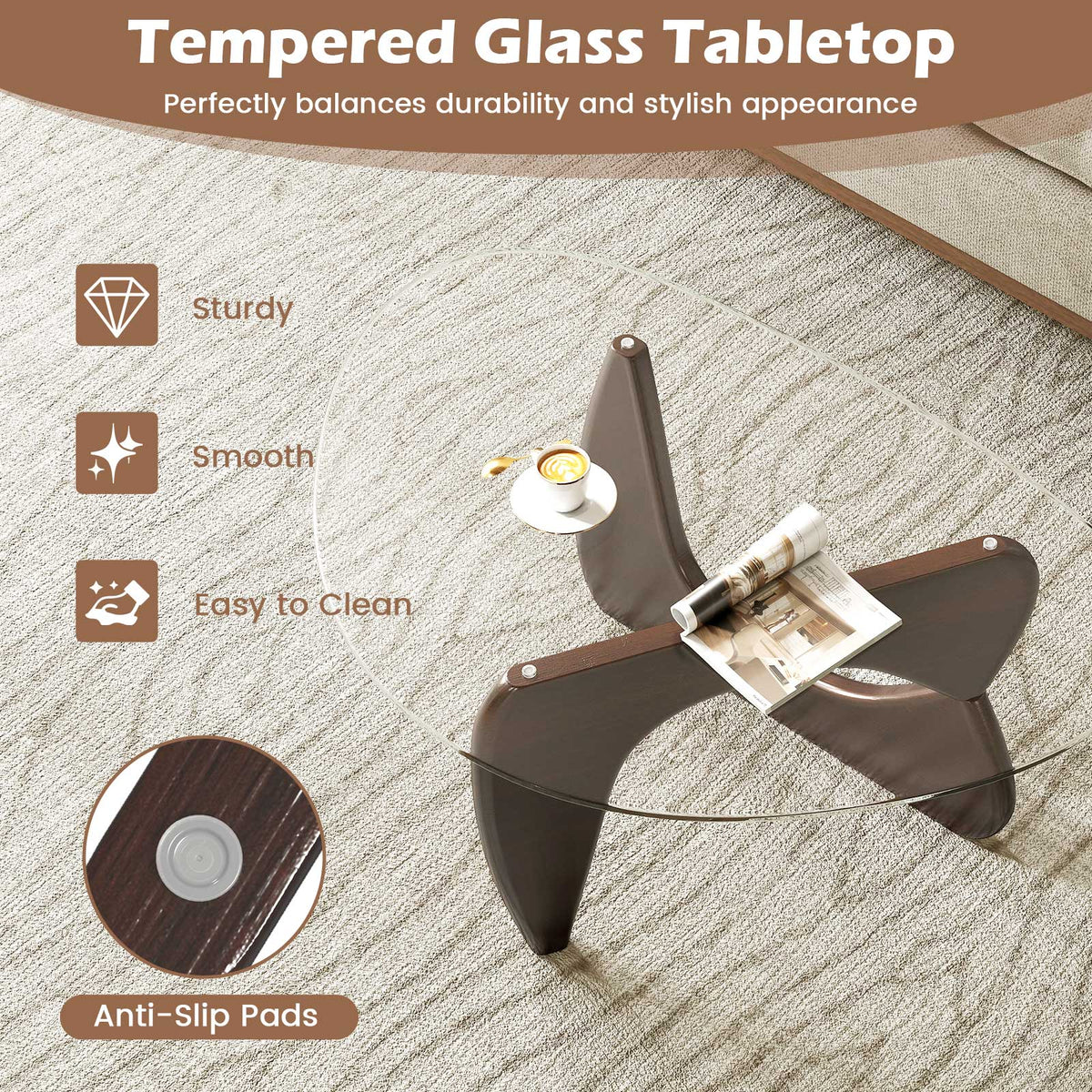Triangle Coffee Table with Tempered Glass Top and Adjustable Rubber Wood Base, photo 6 of 9