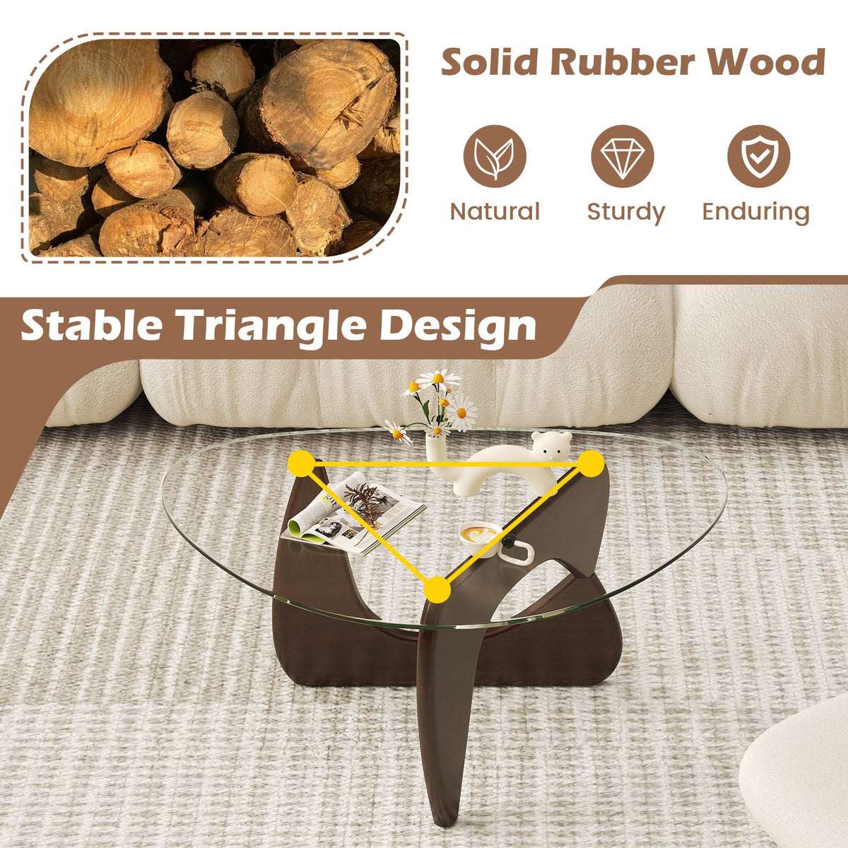 Triangle Coffee Table with Tempered Glass Top and Adjustable Rubber Wood Base, photo 7 of 9