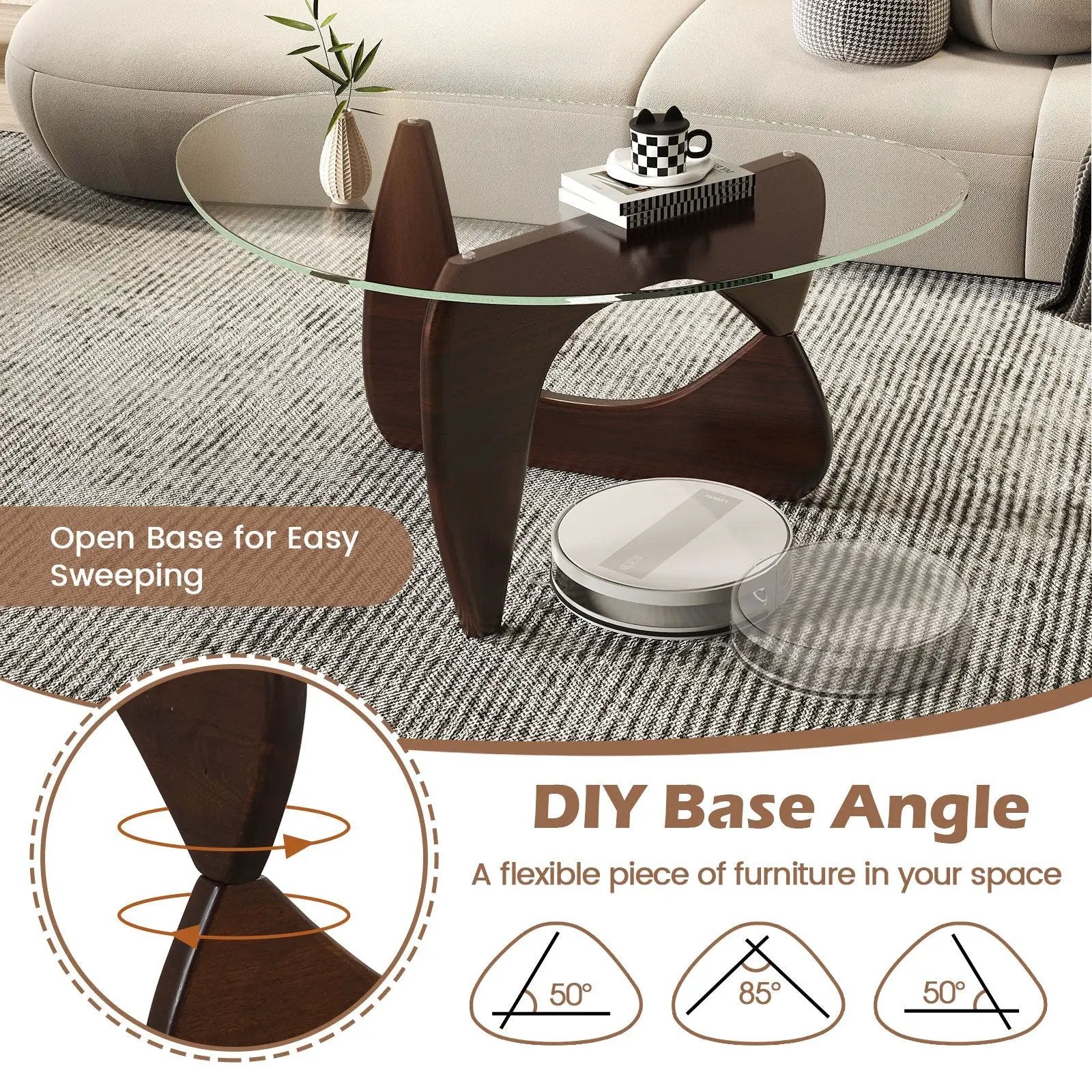 Triangle Coffee Table with Tempered Glass Top and Adjustable Rubber Wood Base by DirectDeals