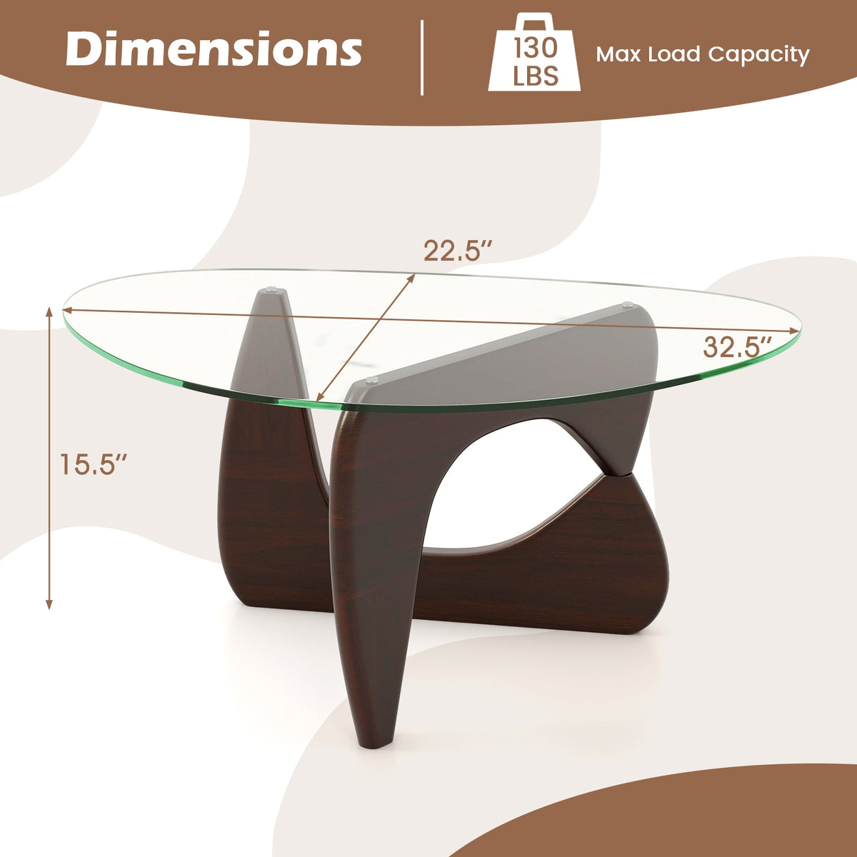 Triangle Coffee Table with Tempered Glass Top and Adjustable Rubber Wood Base, photo 5 of 9