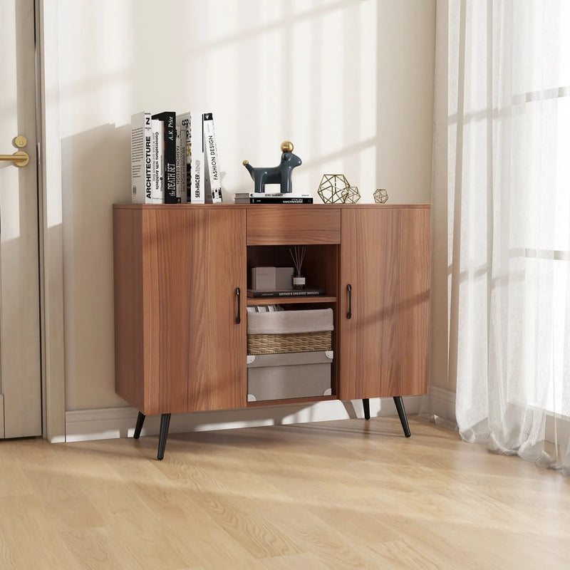 Mid-century Modern Buffet Sideboard Server Cabinet with 9-Bottle Wine Rack-Walnut by DirectDeals