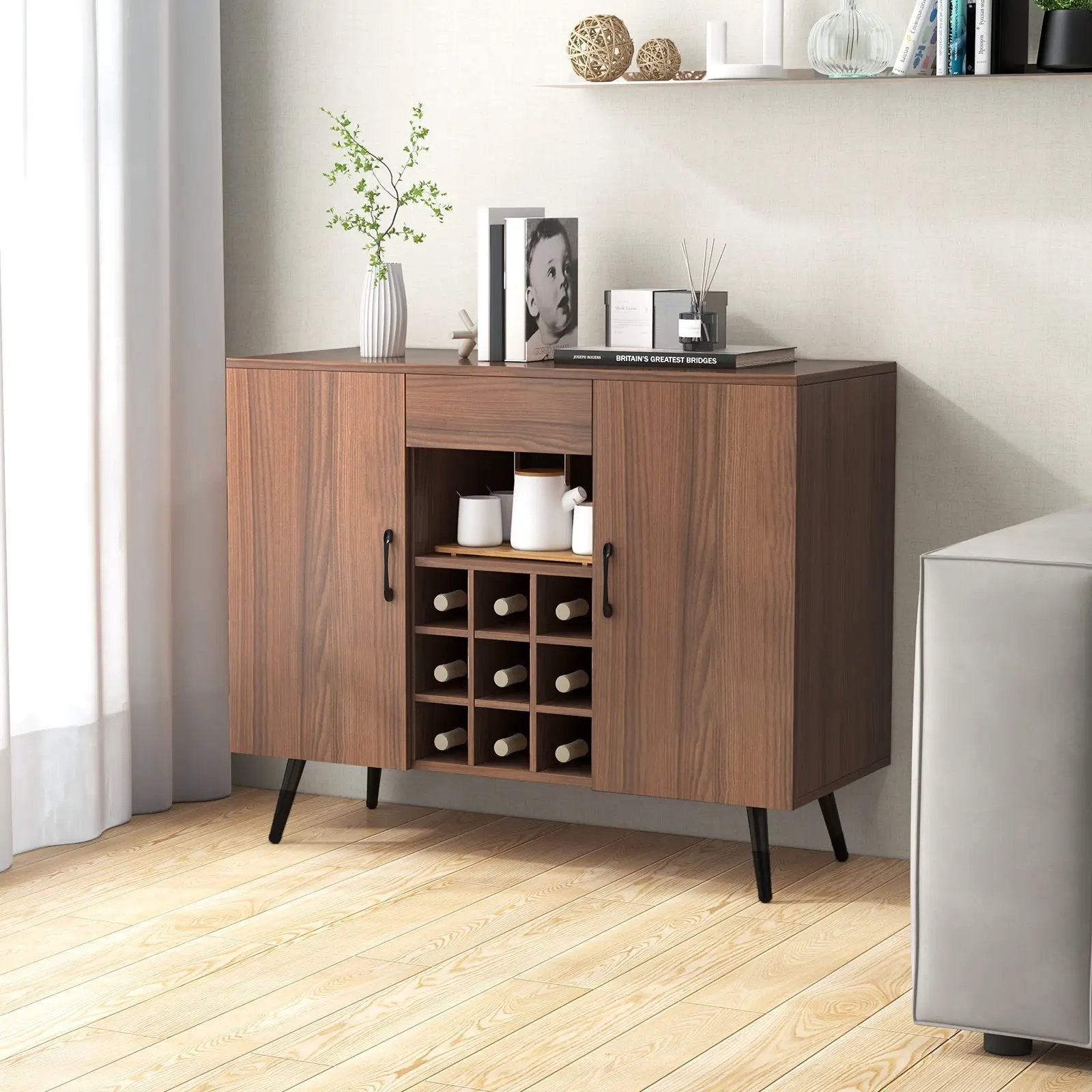 Mid-century Modern Buffet Sideboard Server Cabinet with 9-Bottle Wine Rack-Walnut by DirectDeals