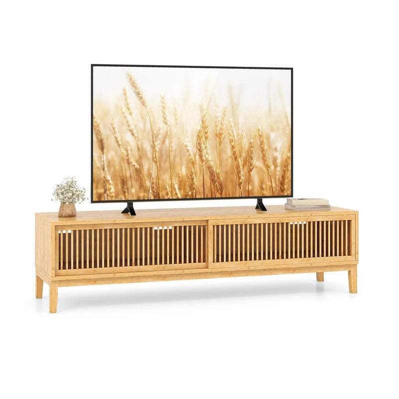 Bamboo TV Stand for TVs up to 65 Inches with Sliding Slatted Doors-Natural by DirectDeals