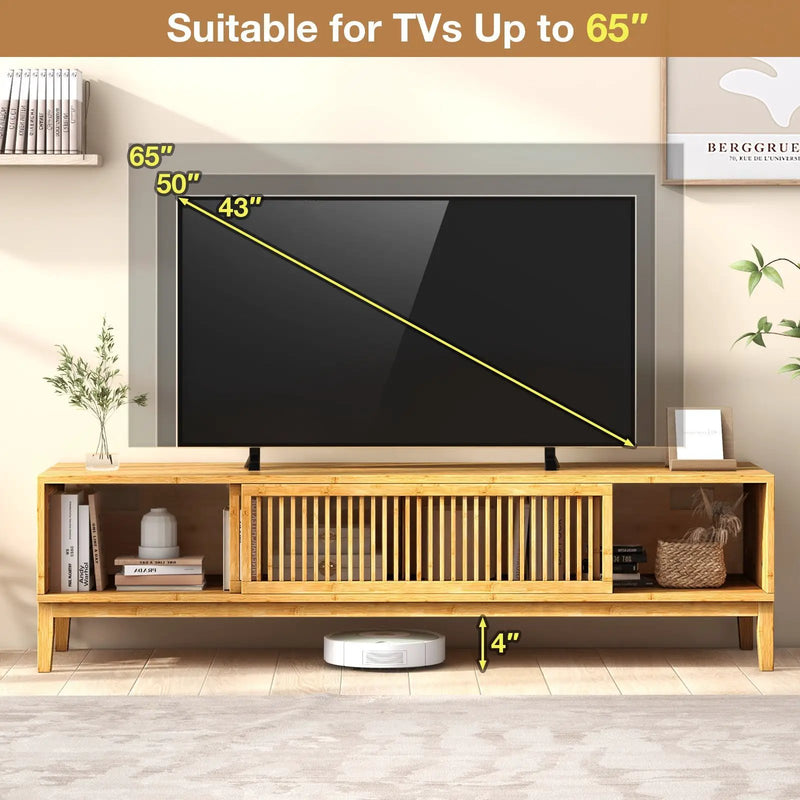 Bamboo TV Stand for TVs up to 65 Inches with Sliding Slatted Doors-Natural by DirectDeals