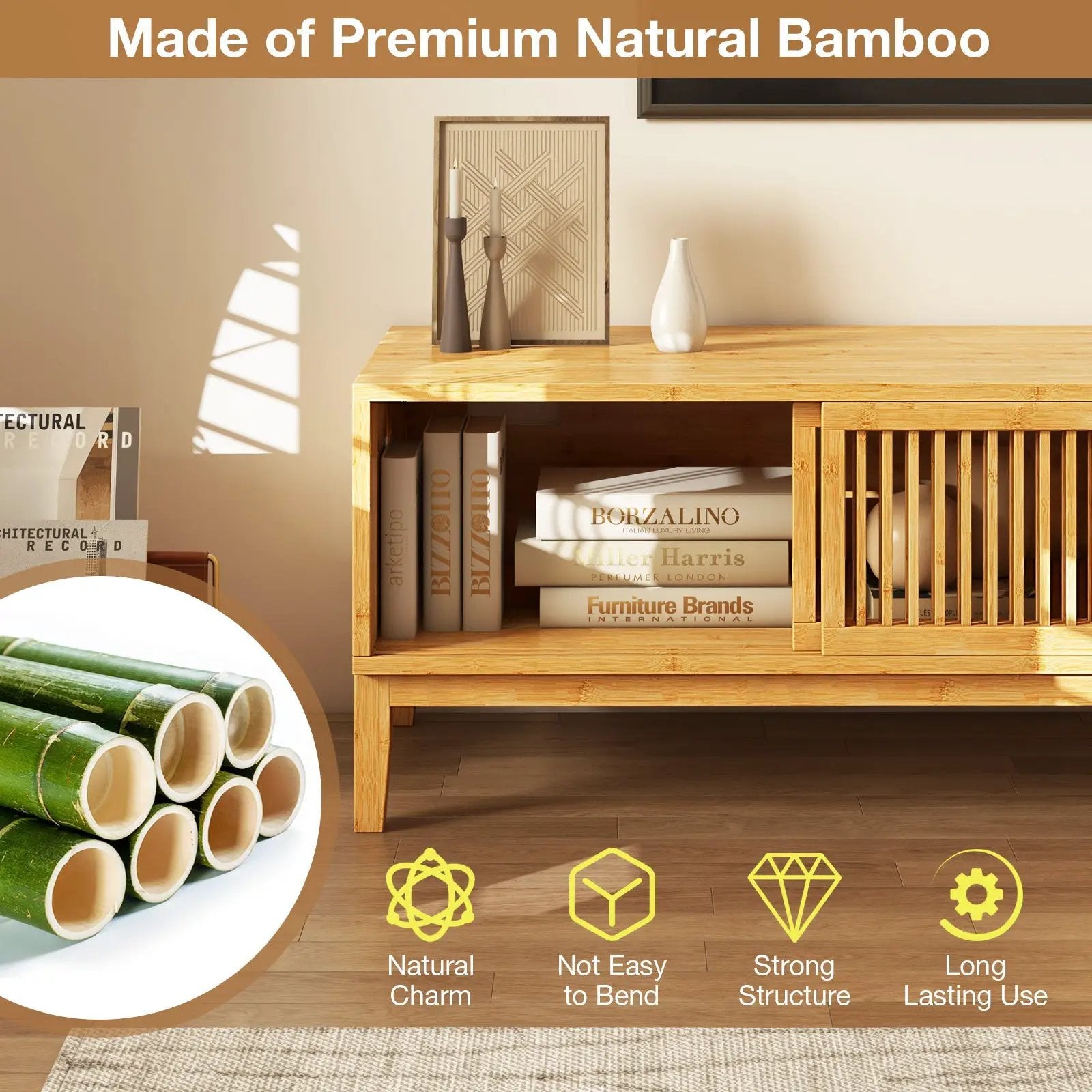 Bamboo TV Stand for TVs up to 65 Inches with Sliding Slatted Doors-Natural by DirectDeals