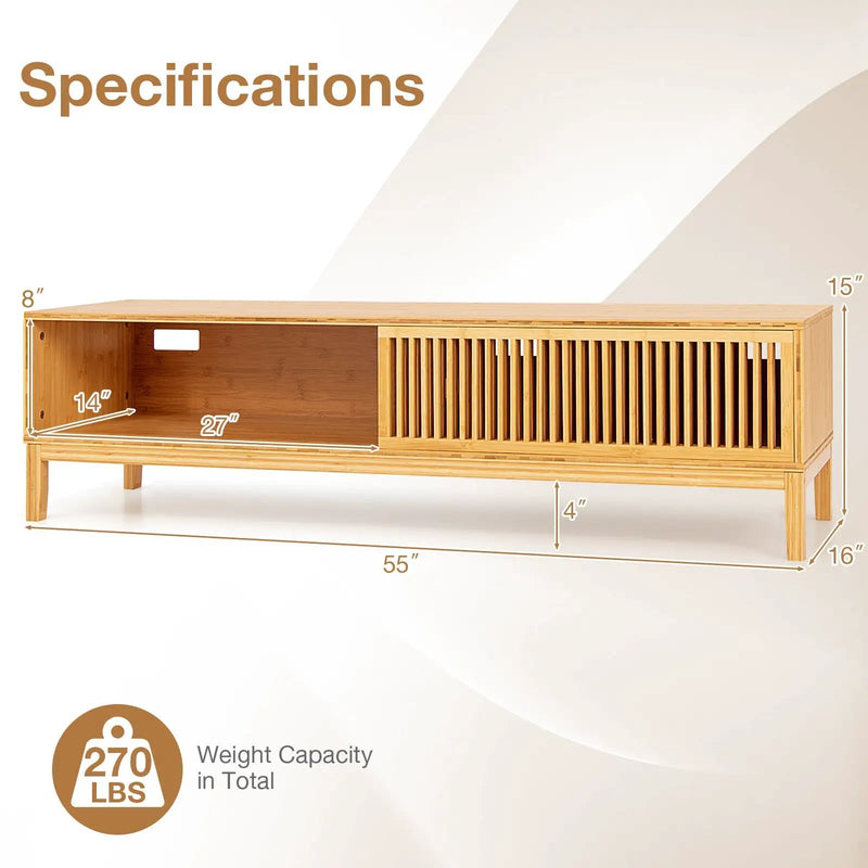 Bamboo TV Stand for TVs up to 65 Inches with Sliding Slatted Doors-Natural by DirectDeals