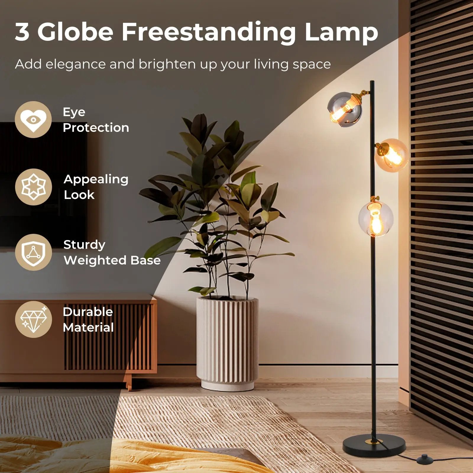 Mid Century Floor Lamp with 3 Glass Globe Lampshades and Weighted Base by DirectDeals