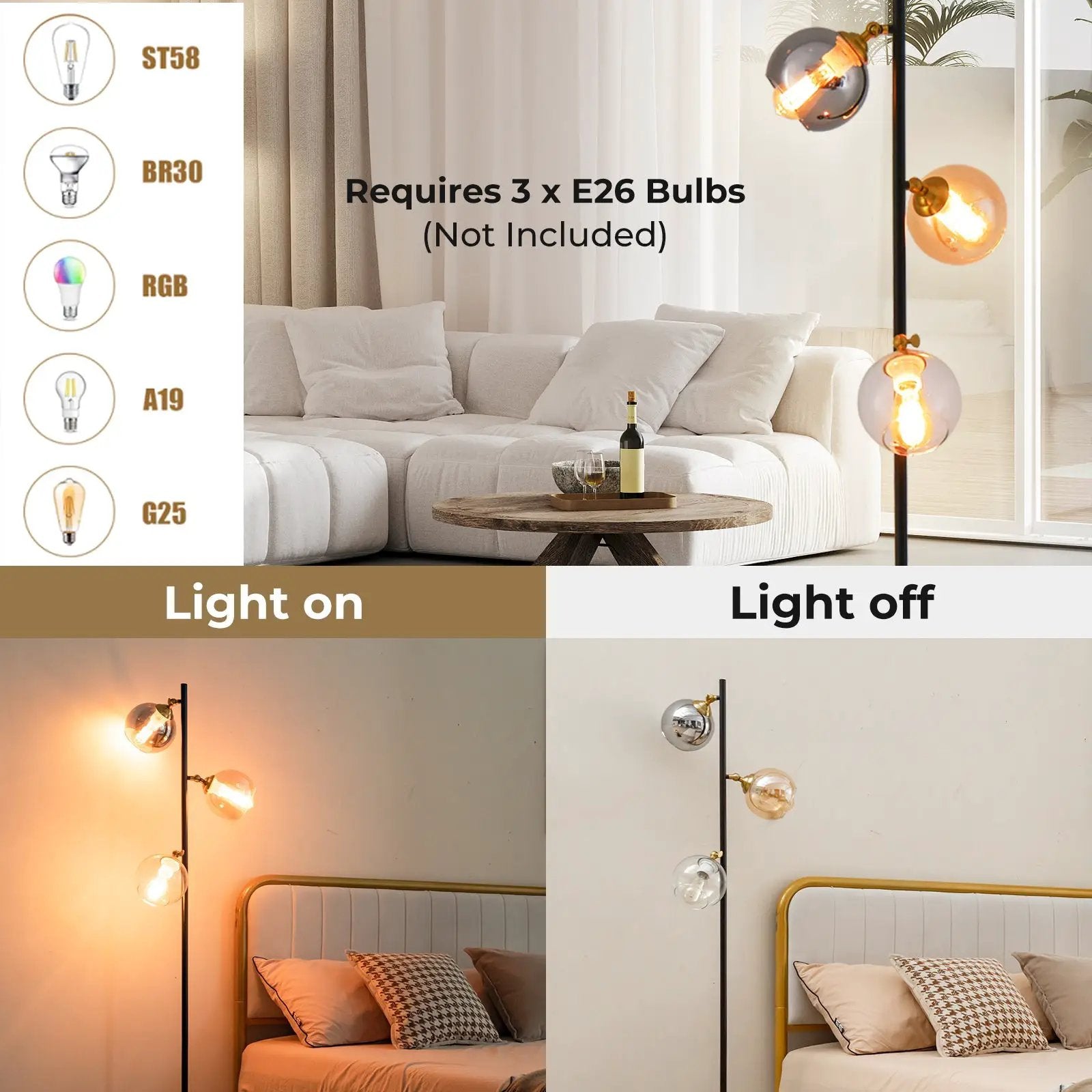 Mid Century Floor Lamp with 3 Glass Globe Lampshades and Weighted Base by DirectDeals