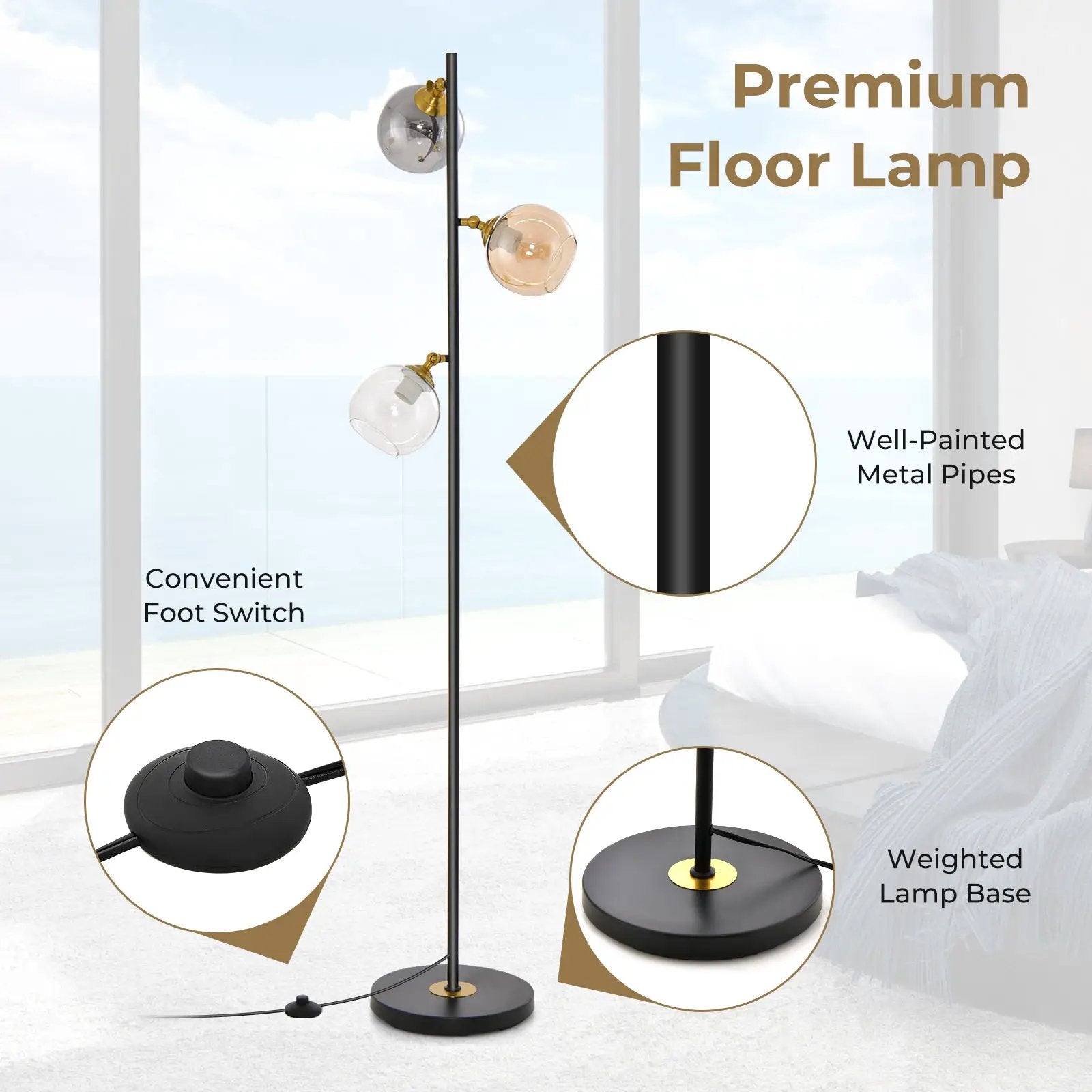 Mid Century Floor Lamp with 3 Glass Globe Lampshades and Weighted Base by DirectDeals