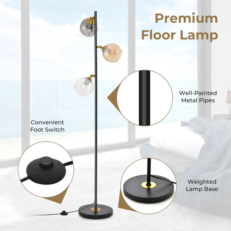 Mid Century Floor Lamp with 3 Glass Globe Lampshades and Weighted Base by DirectDeals