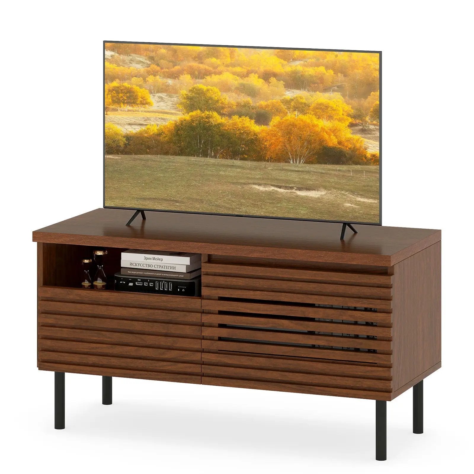 Mid Century Fluted TV Stand for 40 Inch TV Modern Entertainment Center with Open Compartment-Walnut by DirectDeals