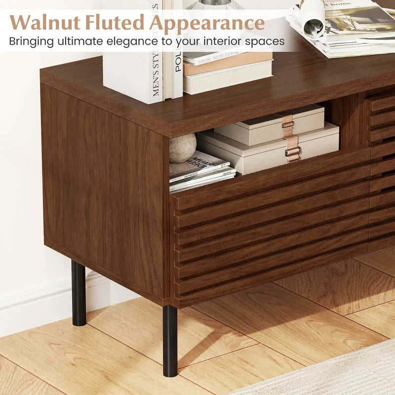 Mid Century Fluted TV Stand for 40 Inch TV Modern Entertainment Center with Open Compartment-Walnut by DirectDeals