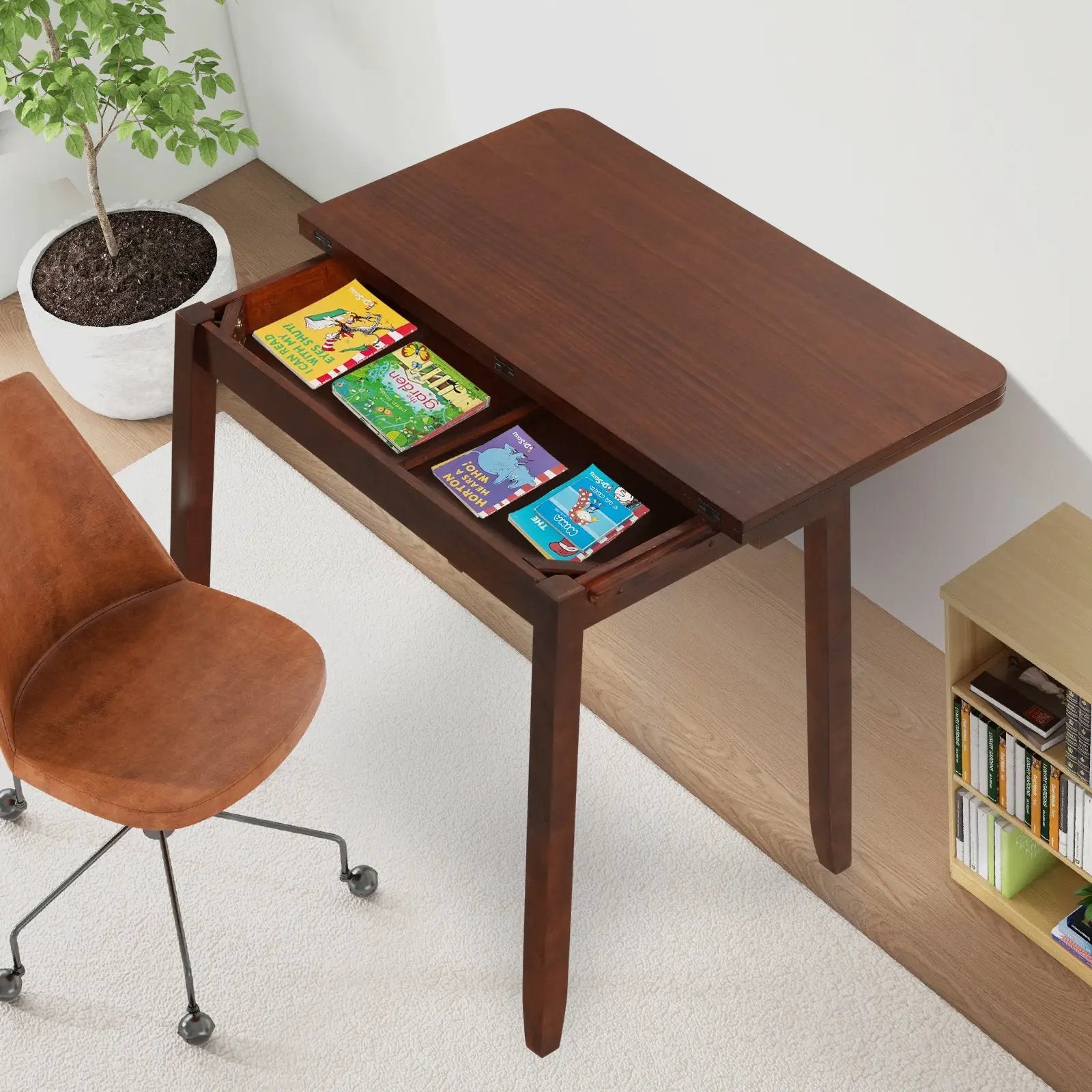 Mid Century Folding Dining Table for 4 People Extendable Kitchen Table with Hidden Storage-Brown by DirectDeals