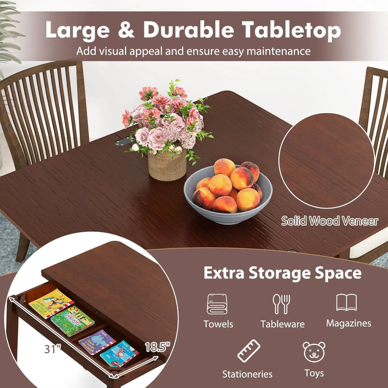 Mid Century Folding Dining Table for 4 People Extendable Kitchen Table with Hidden Storage-Brown by DirectDeals