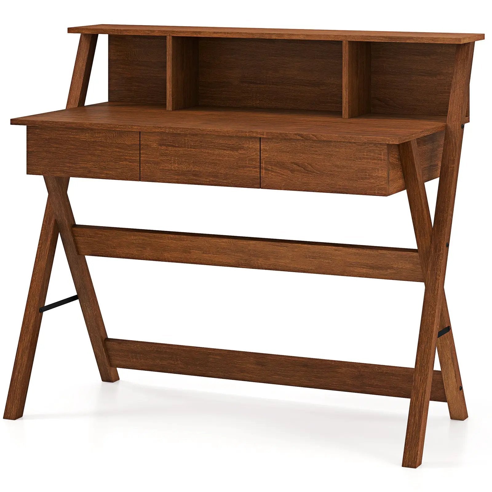 Mid Century Home Office Desk with 3 Storage Drawers and Monitor Stand-Oak by DirectDeals