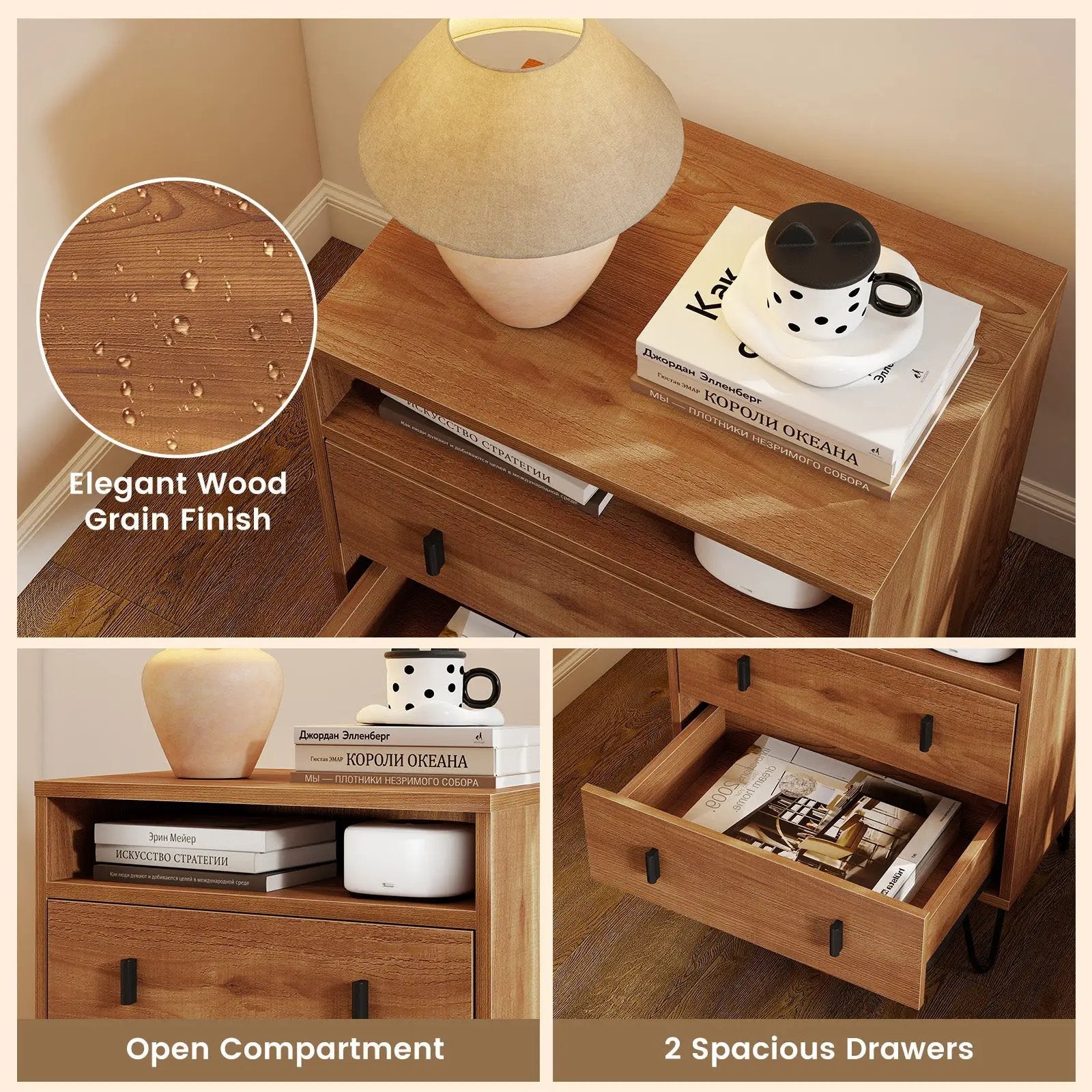 Mid Century Modern 2-Drawer Nightstand with Storage Compartment-Walnut by DirectDeals