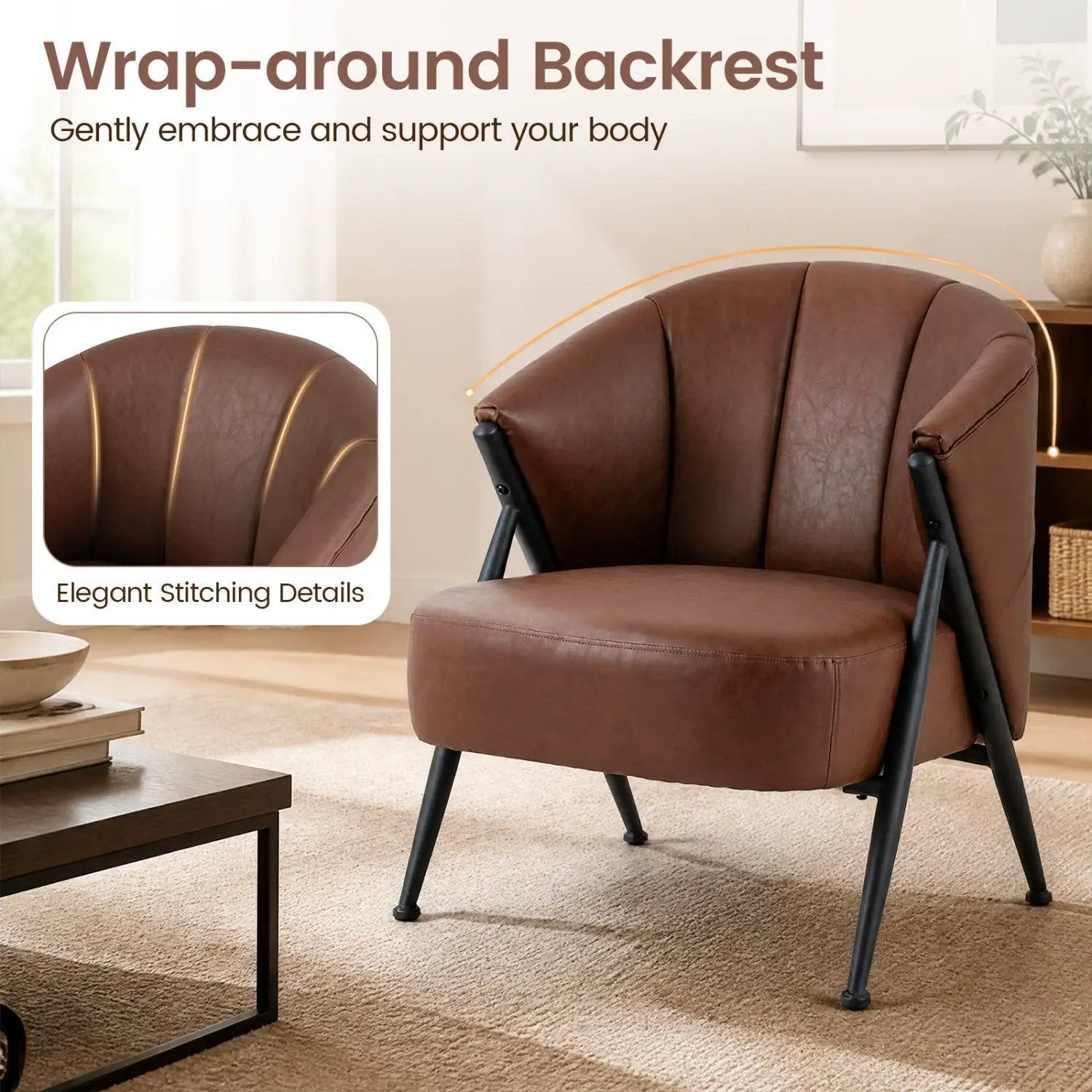 Mid Century Accent Chair with Curved Backrest - Brown by DirectDeals