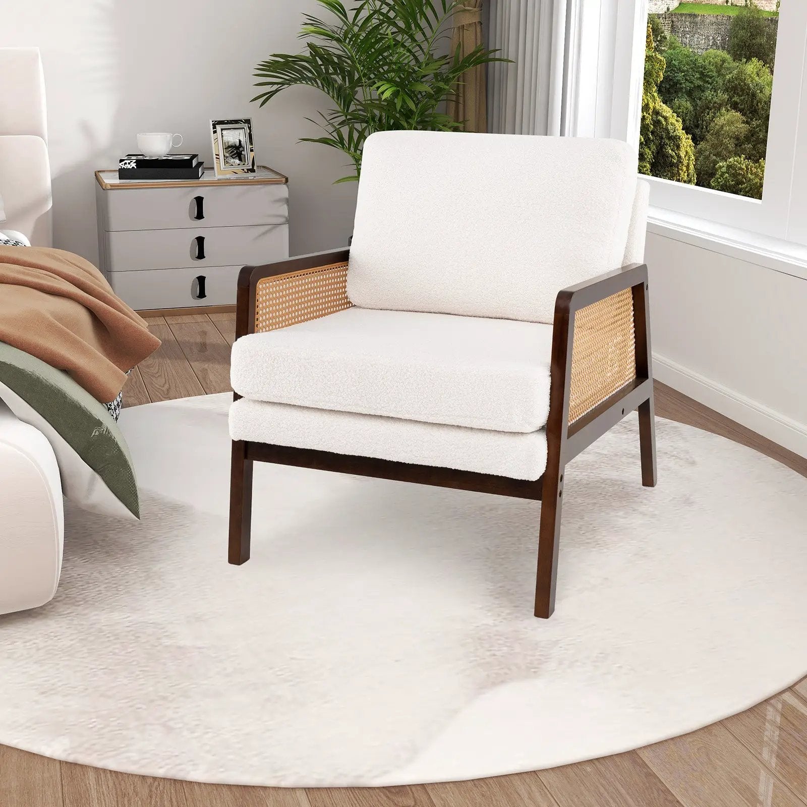 Mid Century Modern Accent Chair with Rattan Arms and Cushion by DirectDeals