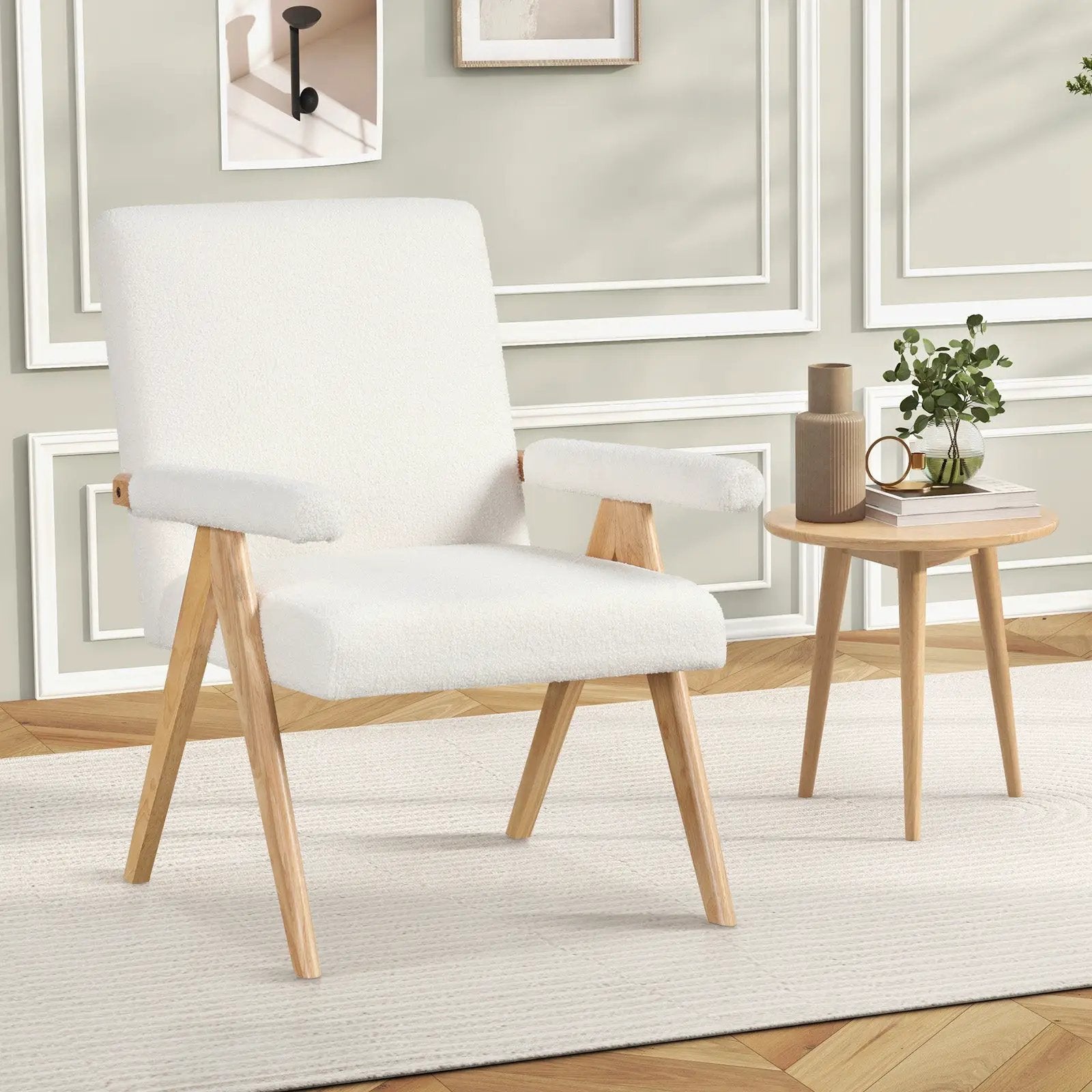 Mid Century Modern Accent Chair with Rubber Wood Frame and Padded Armrests-White by DirectDeals