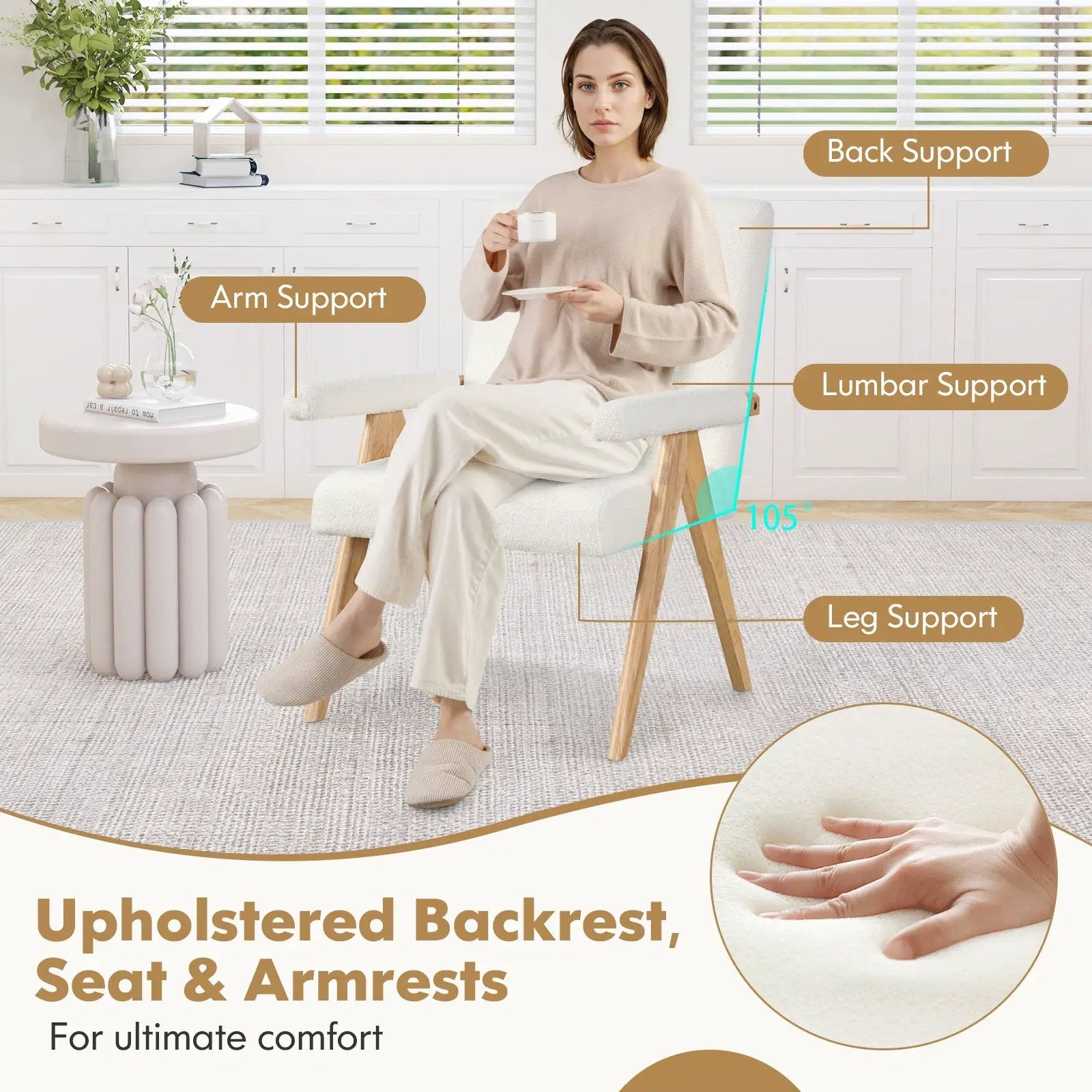 Mid Century Modern Accent Chair with Rubber Wood Frame and Padded Armrests-White by DirectDeals