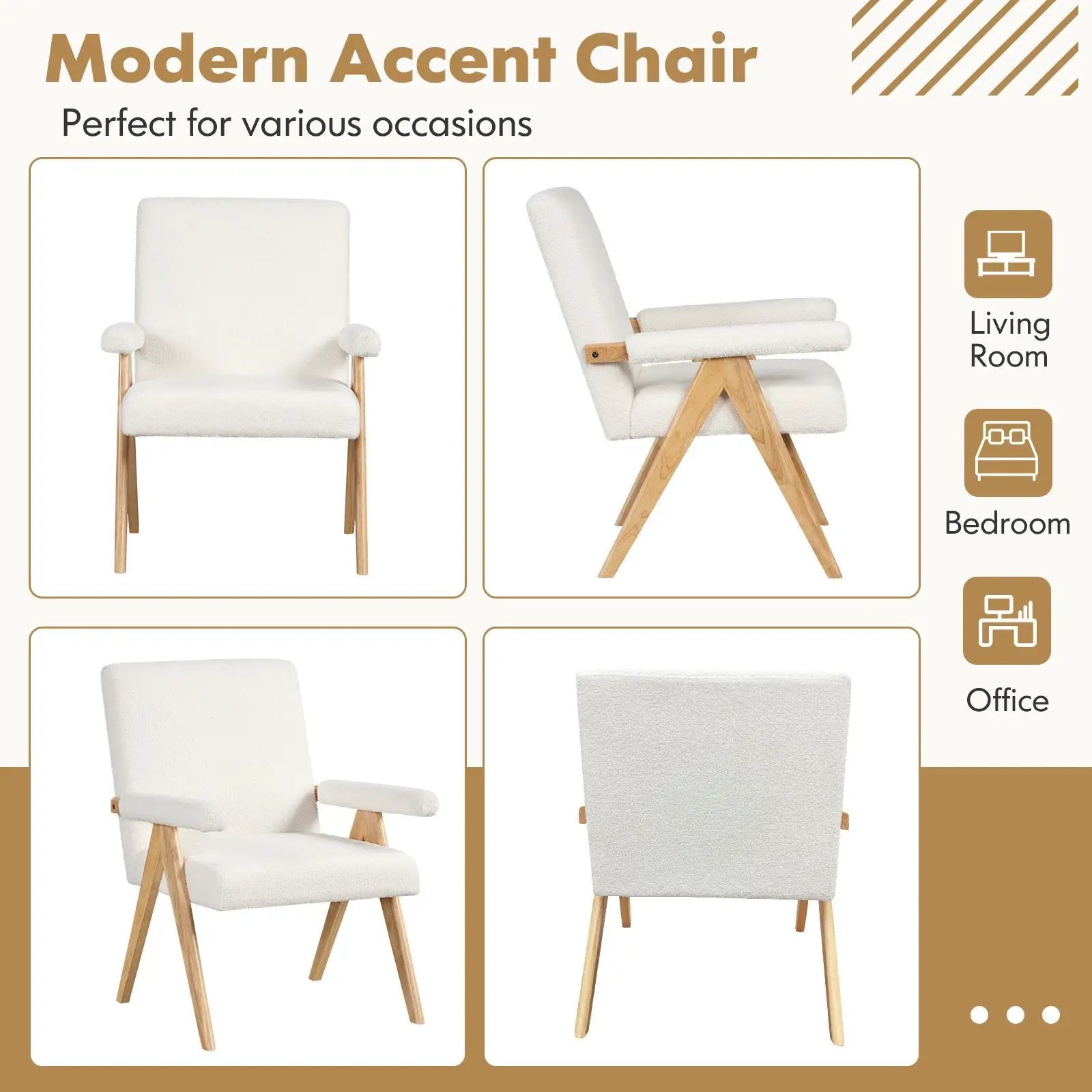 Mid Century Modern Accent Chair with Rubber Wood Frame and Padded Armrests-White by DirectDeals