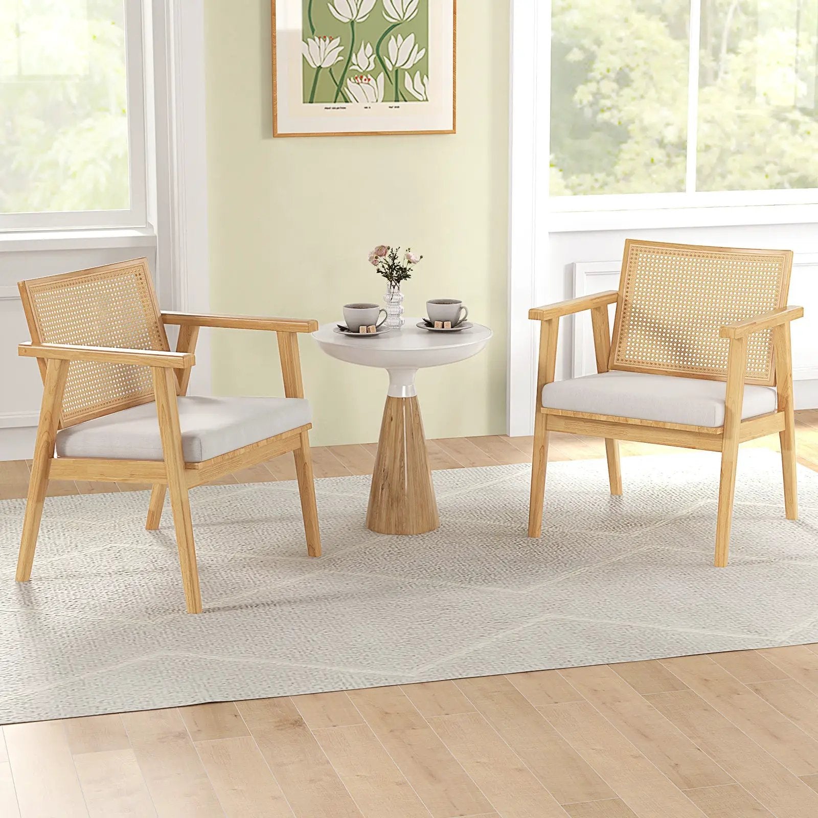 Mid Century Modern Accent Chairs Set of 2 with Breathable Rattan Back-Natural by DirectDeals