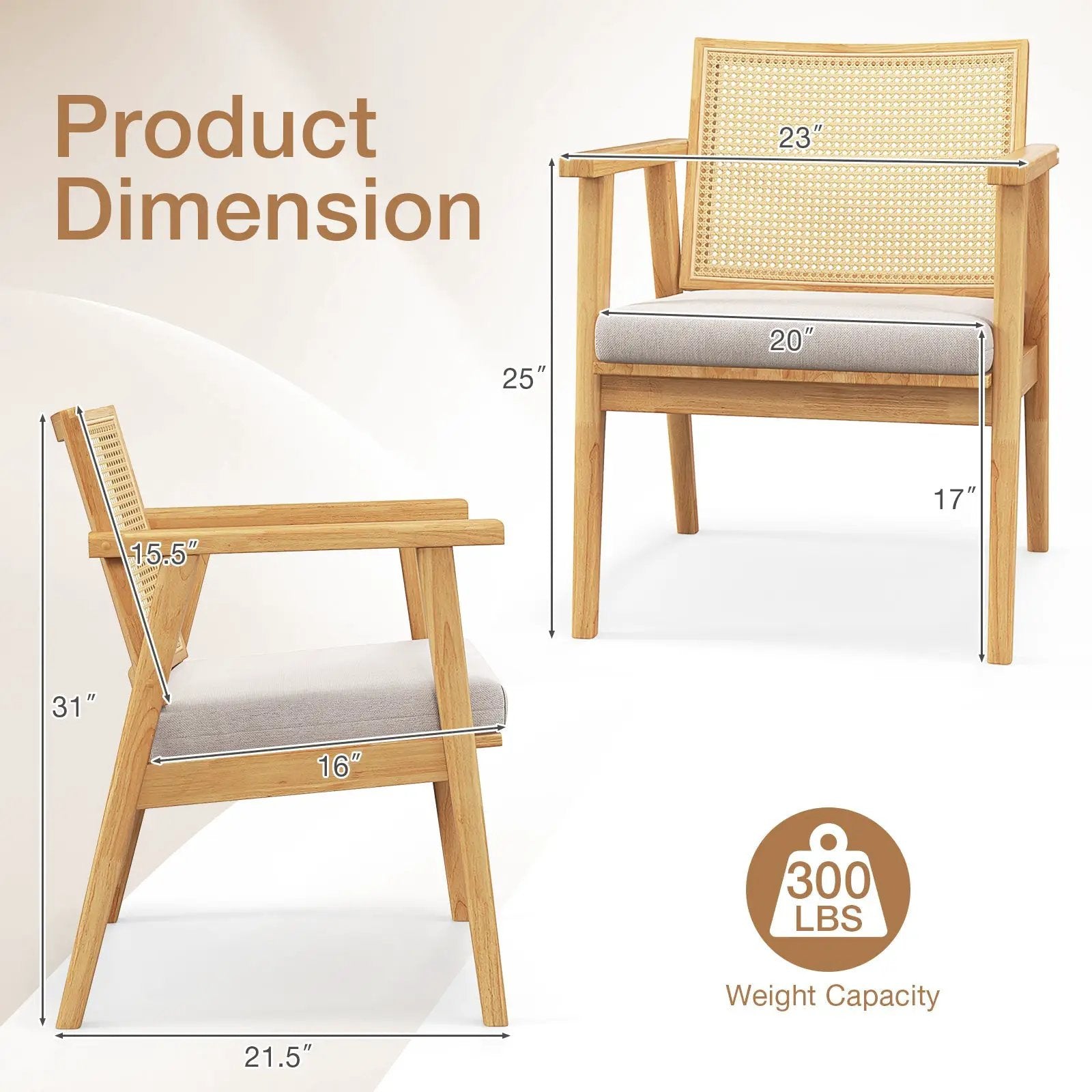 Mid Century Modern Accent Chairs Set of 2 with Breathable Rattan Back-Natural by DirectDeals