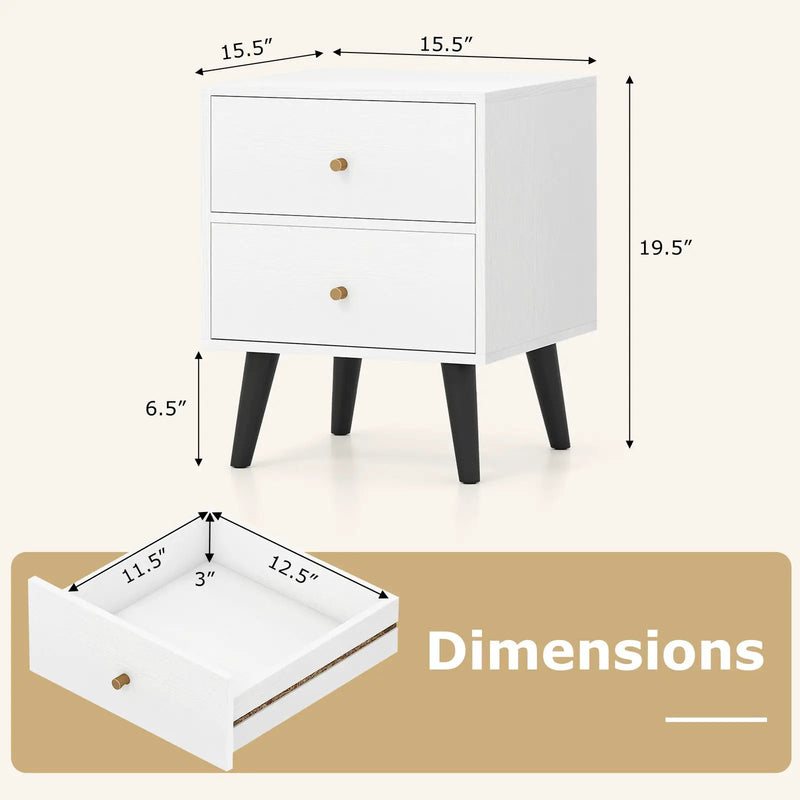 Mid Century Modern Bedside Table Nightstand with Golden Knobs and Raised Support Legs-White by DirectDeals