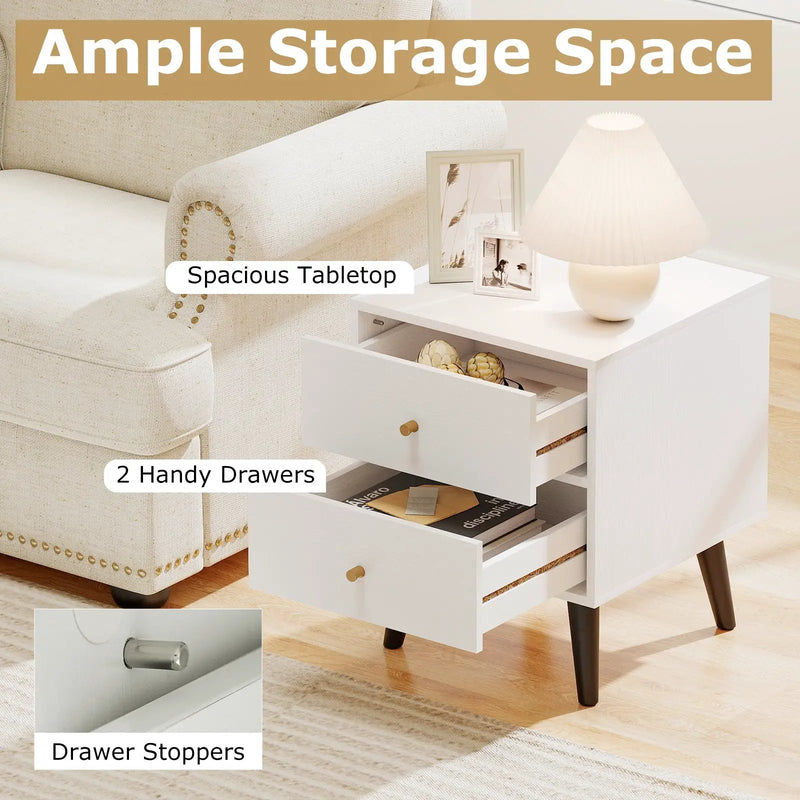 Mid Century Modern Bedside Table Nightstand with Golden Knobs and Raised Support Legs-White by DirectDeals