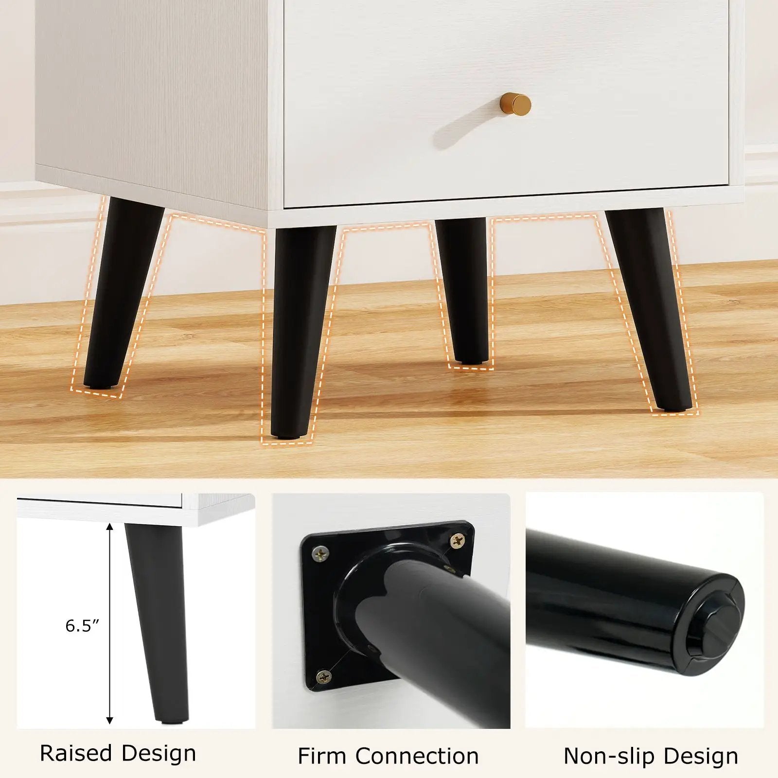 Mid Century Modern Bedside Table Nightstand with Golden Knobs and Raised Support Legs-White by DirectDeals