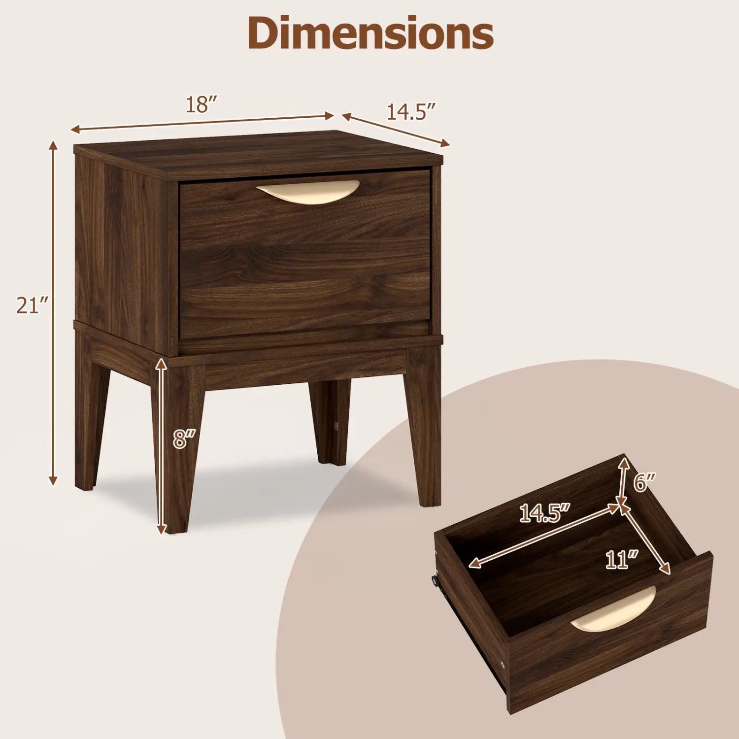 Mid Century Modern Bedside Table with Drawer and Tapered Support Feet for Bedroom by DirectDeals
