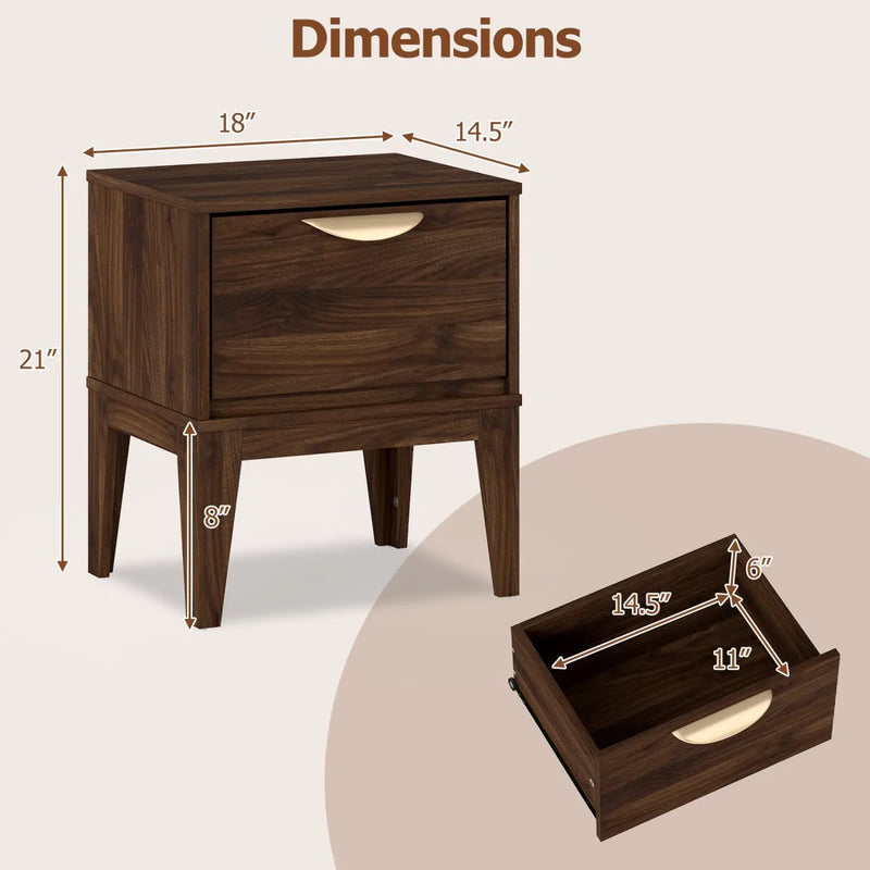 Mid Century Modern Bedside Table with Drawer and Tapered Support Feet for Bedroom by DirectDeals