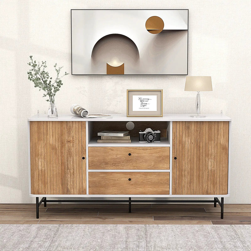 Mid Century Modern Buffet Sideboard with Sliding Tambour Doors and 2 Storage Drawers-White by DirectDeals