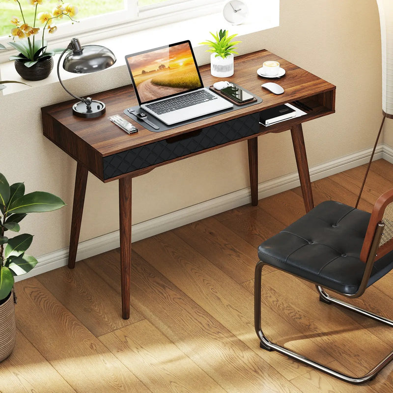 Mid-Century Modern Computer Desk with Drawer and Open Compartment-Brown by DirectDeals