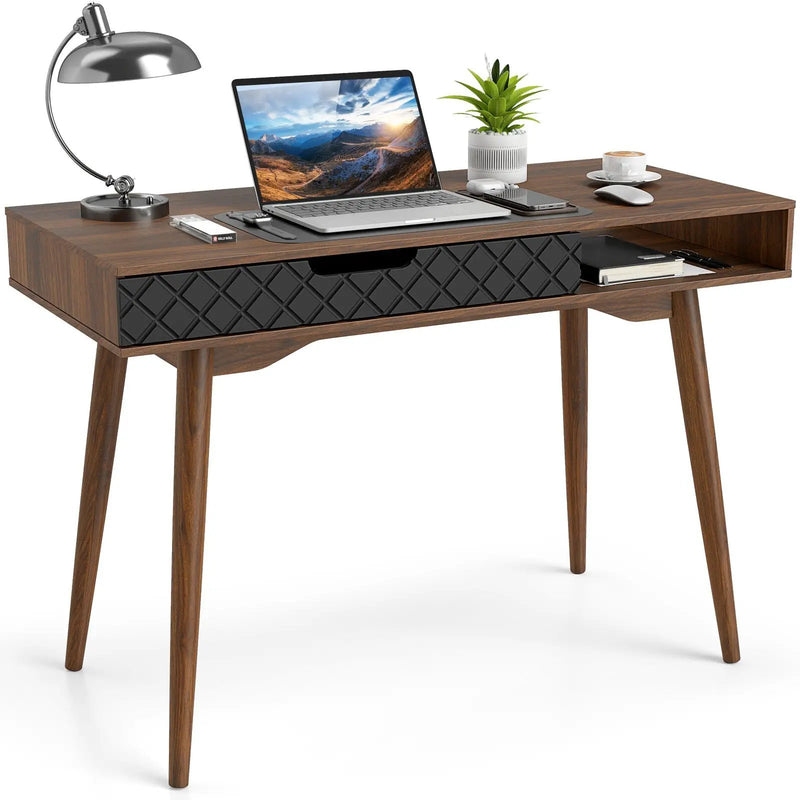 Mid-Century Modern Computer Desk with Drawer and Open Compartment-Brown by DirectDeals