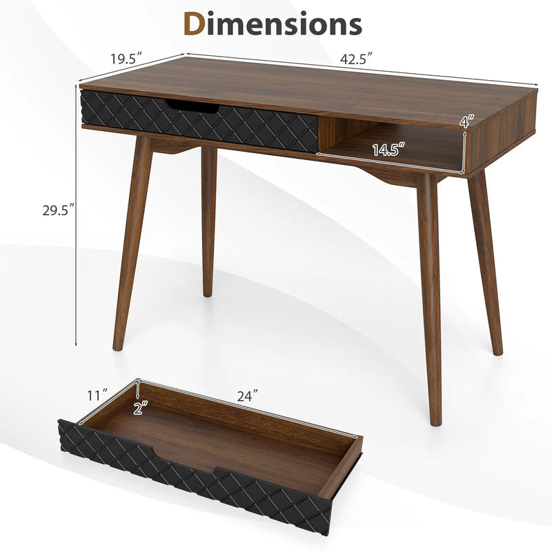 Mid-Century Modern Computer Desk with Drawer and Open Compartment-Brown by DirectDeals